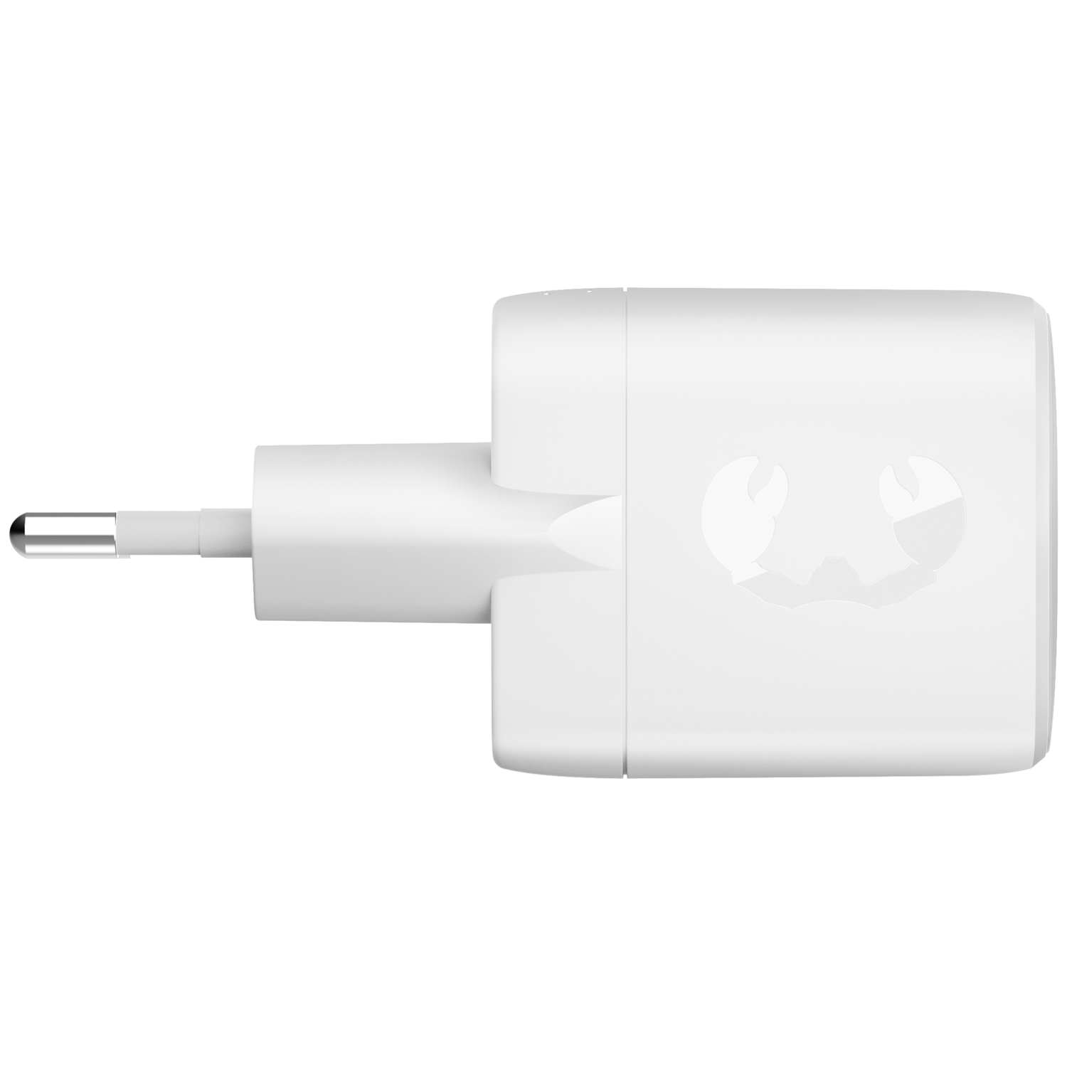 White power adapter with two pins and an engraved symbol.