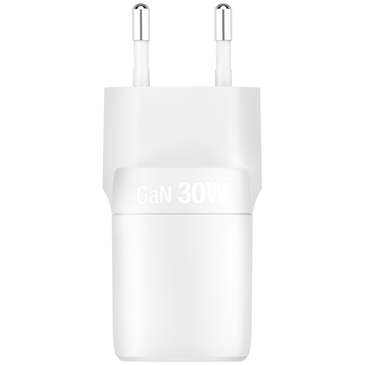 A white 30W GaN charger with two silver metal prongs.