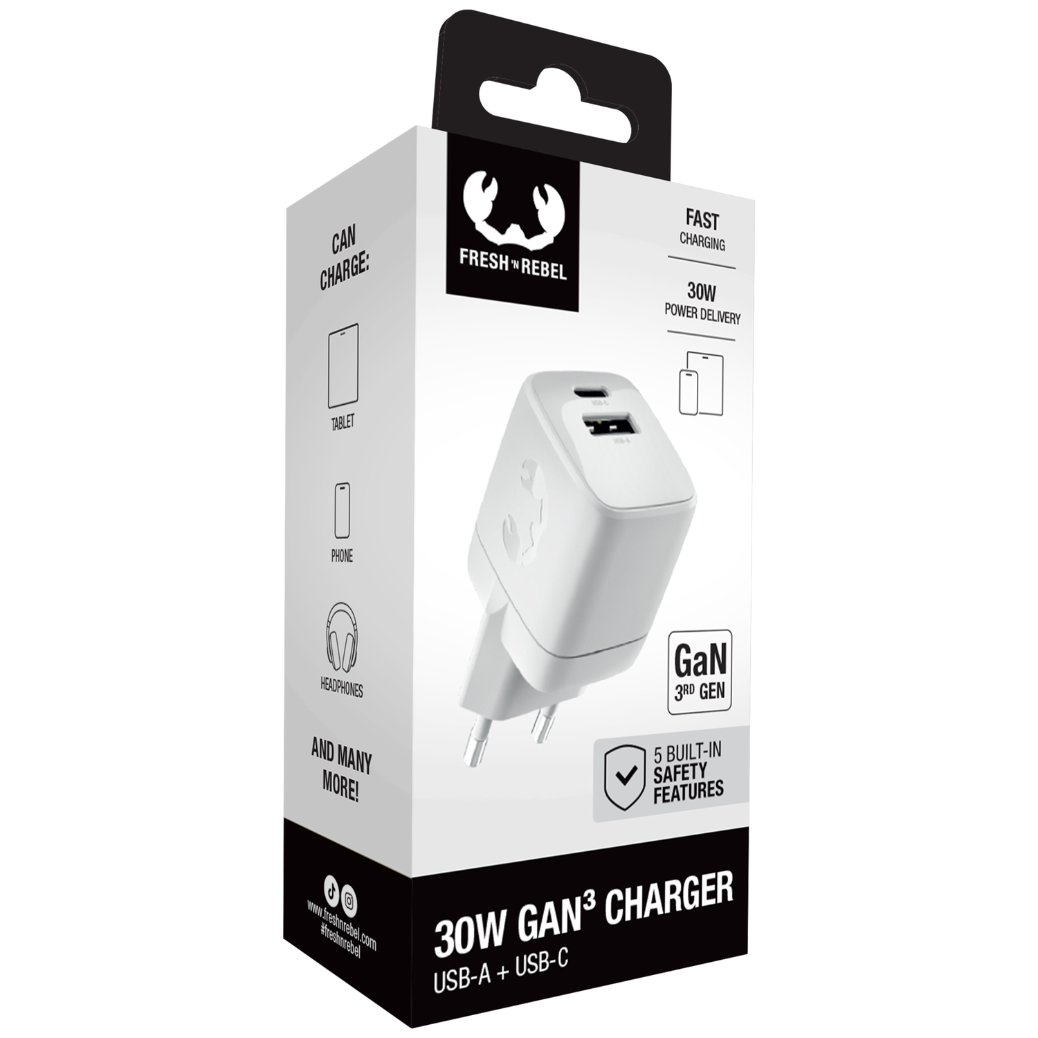 White Fresh n Rebel 30W GaN charger with USB-A and USB-C ports.