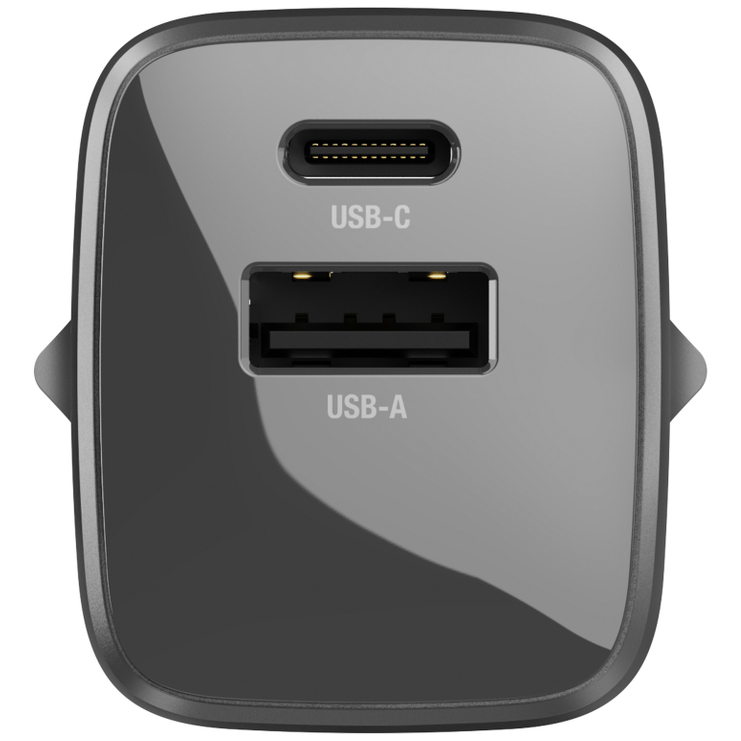 A gray charger with one USB-C and one USB-A port.