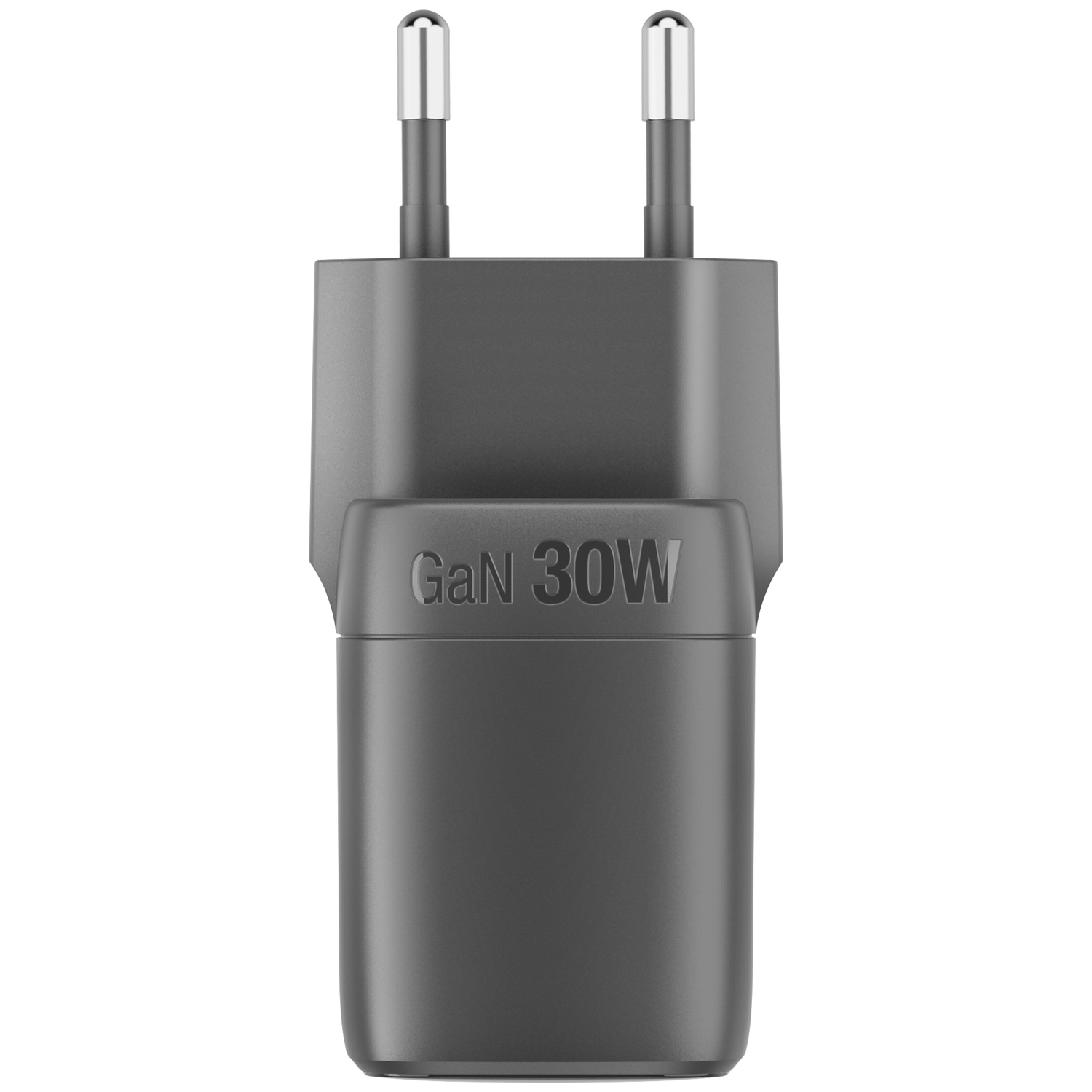 Gray GaN 30W power adapter with two silver prongs.