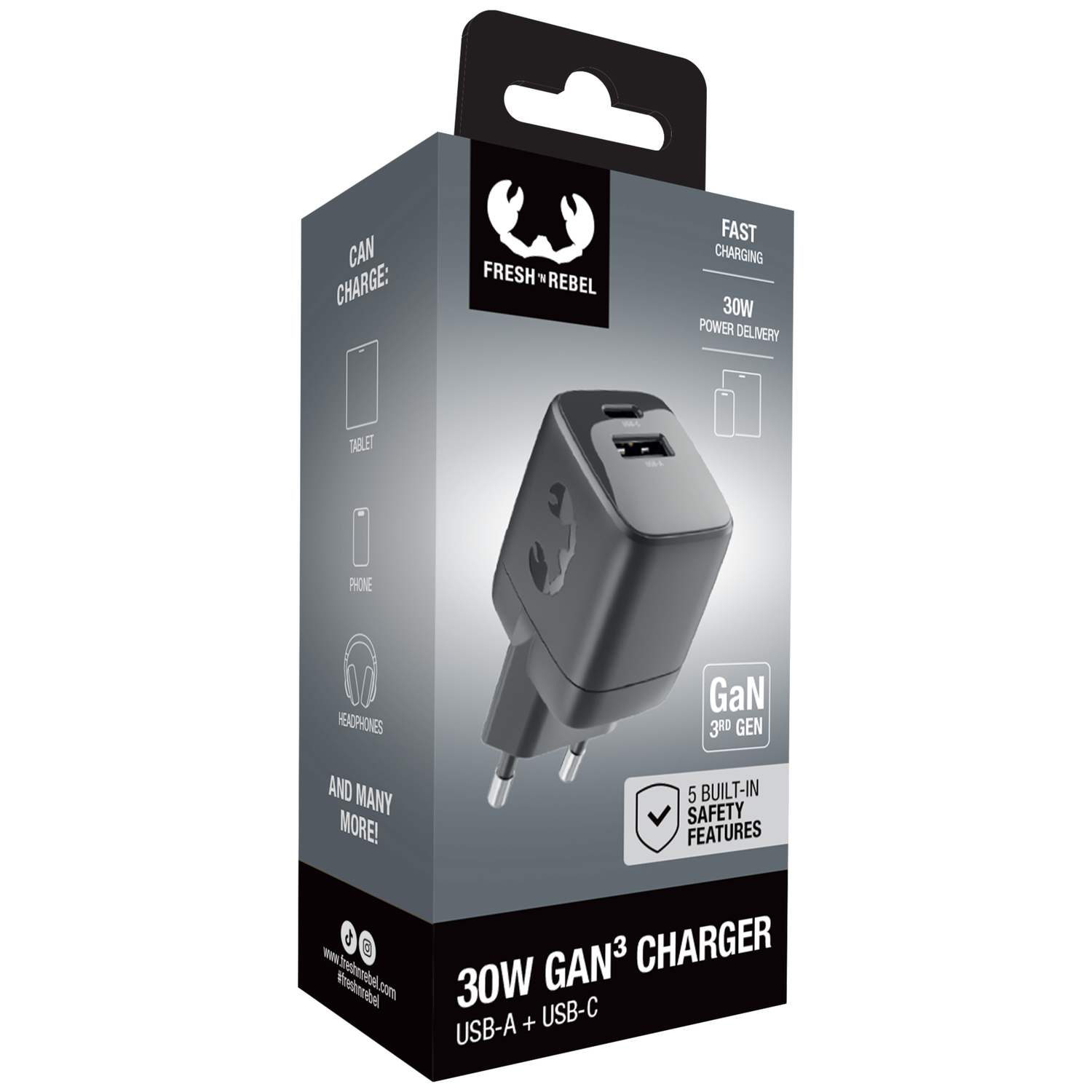 Packaging of a black 30W GaN3 charger with two USB ports.