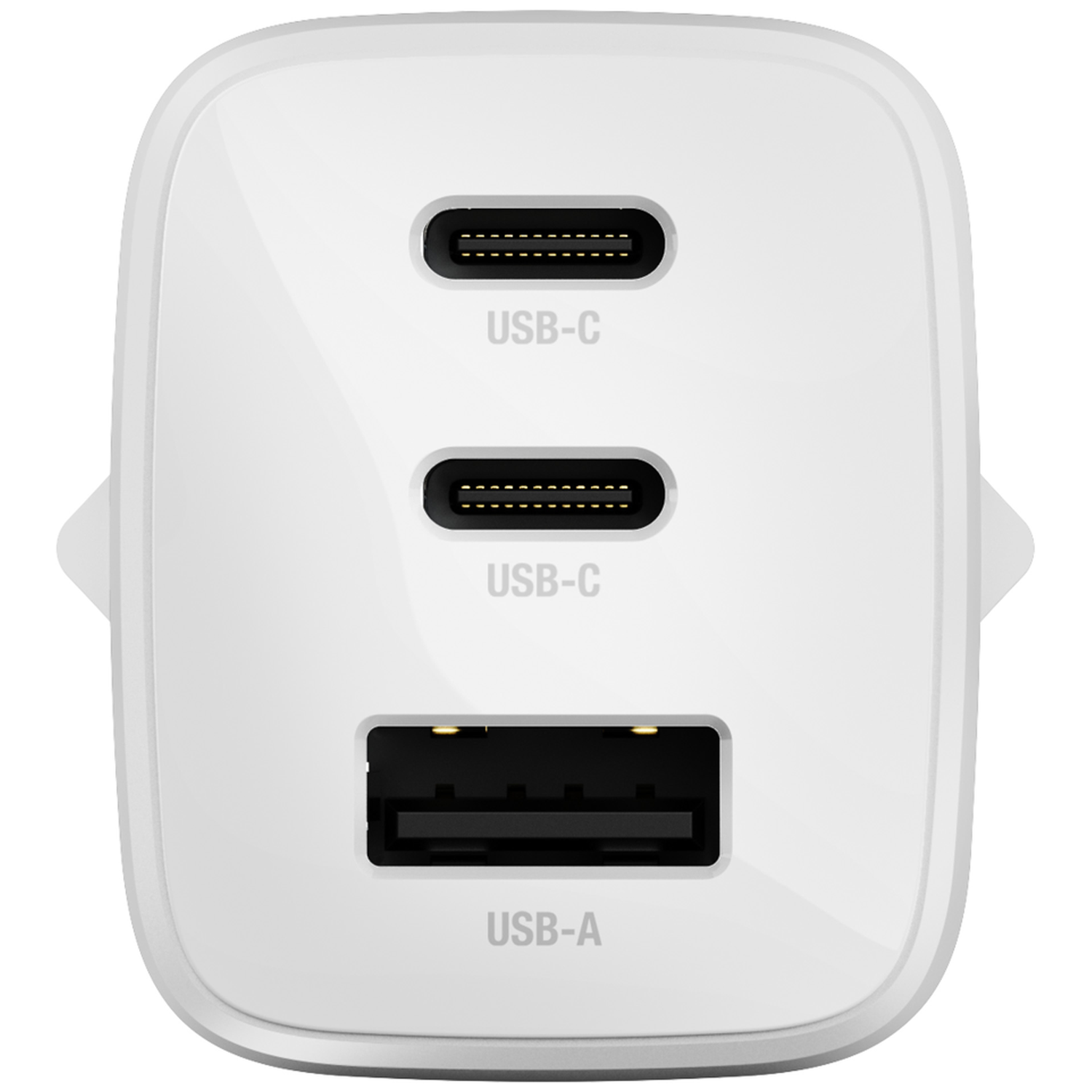 Un chargeur USB blanc avec deux ports USB-C et un port USB-A.