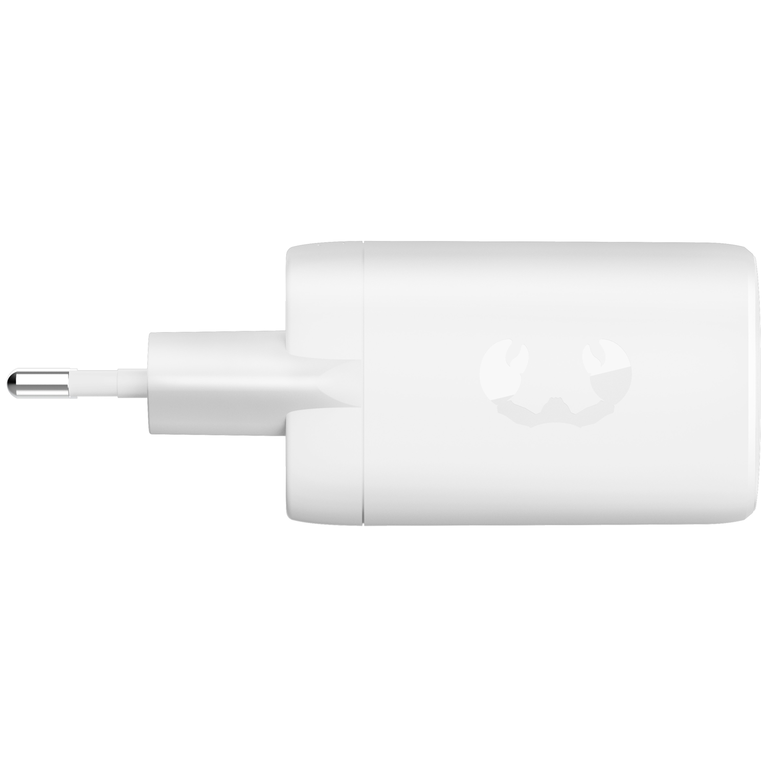 Une prise de charge USB blanche avec une broche argentée.