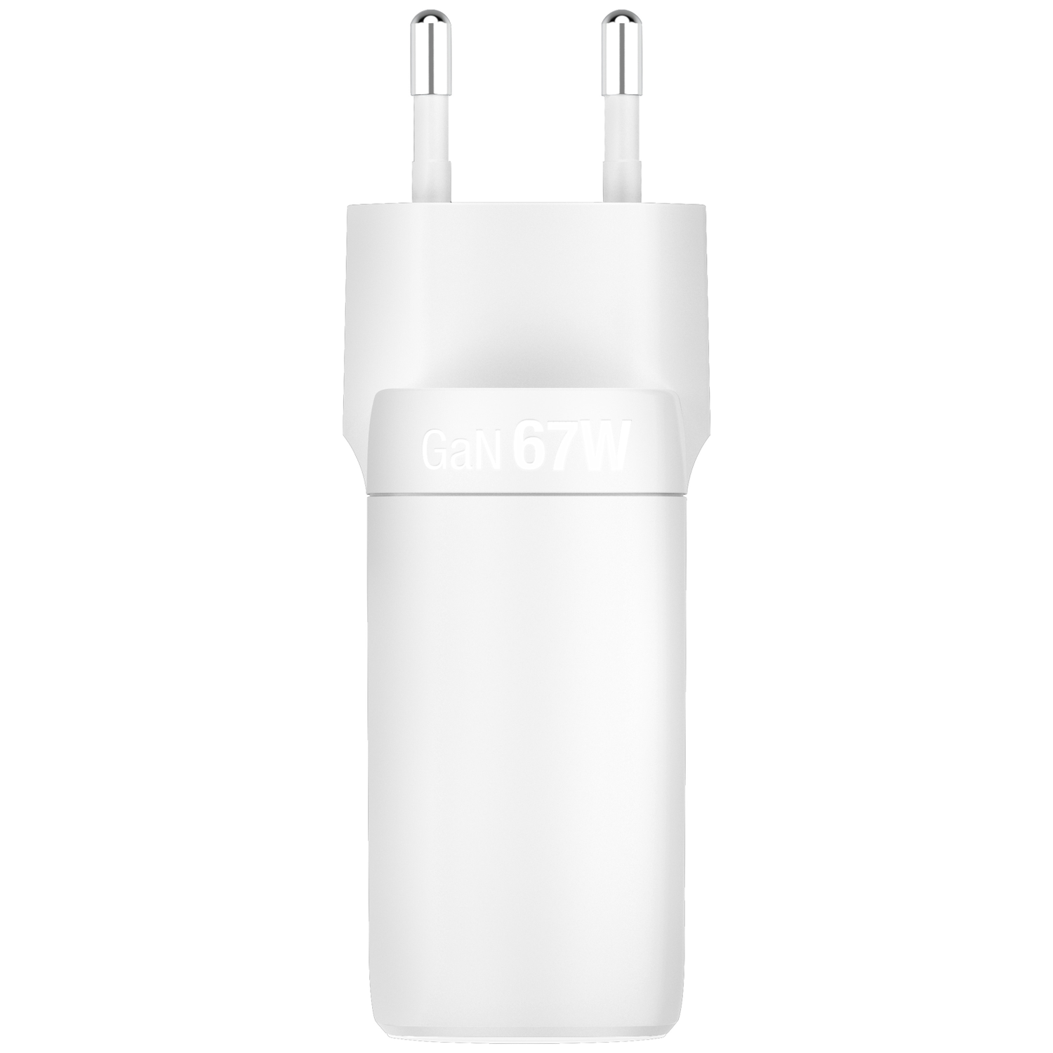 Un adaptateur de charge blanc GaN 67W avec deux broches métalliques argentées.