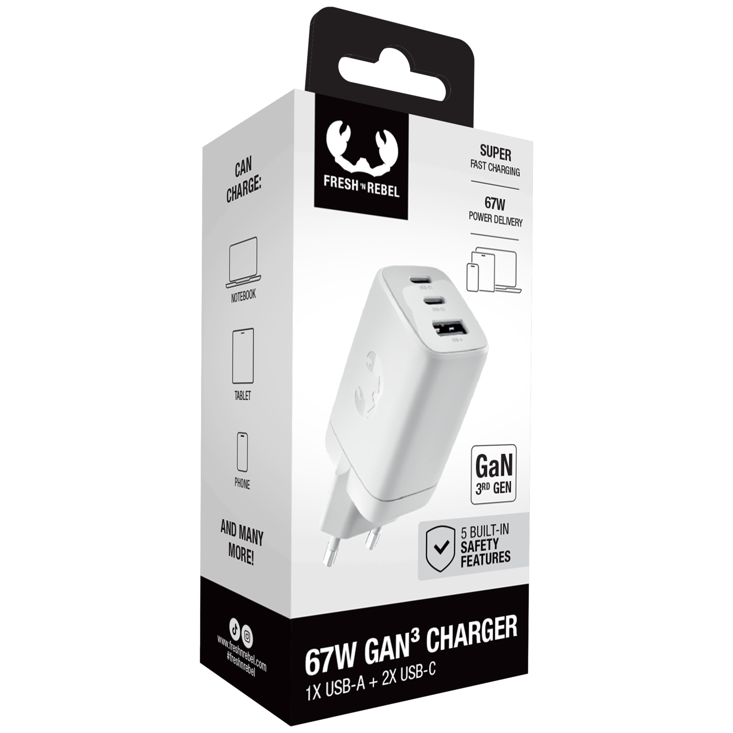 Emballage blanc chargeur GaN 67W avec logo, options de charge (ordinateur portable, tablette, téléphone) et ports.