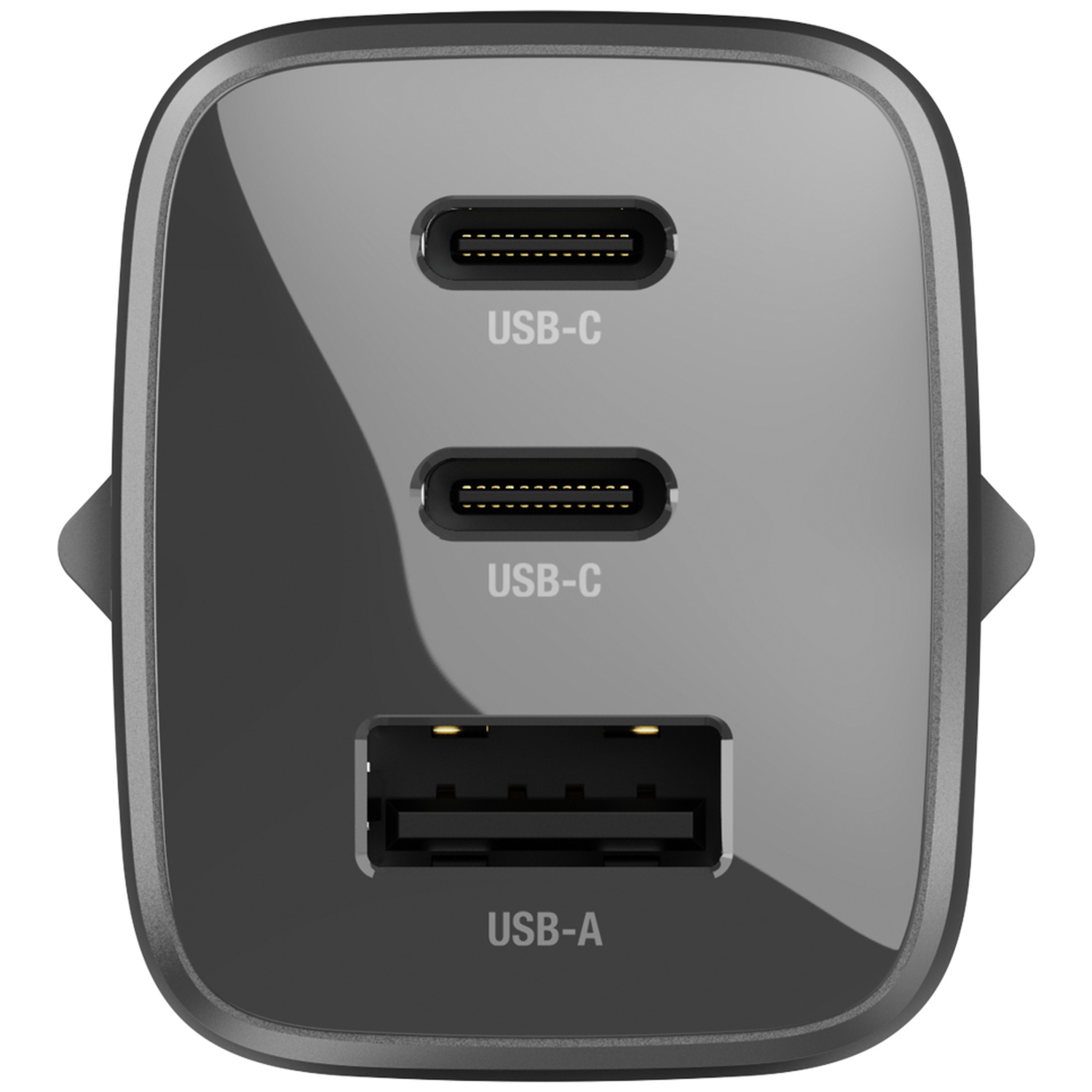 Adaptateur secteur gris avec deux ports USB-C et un port USB-A.