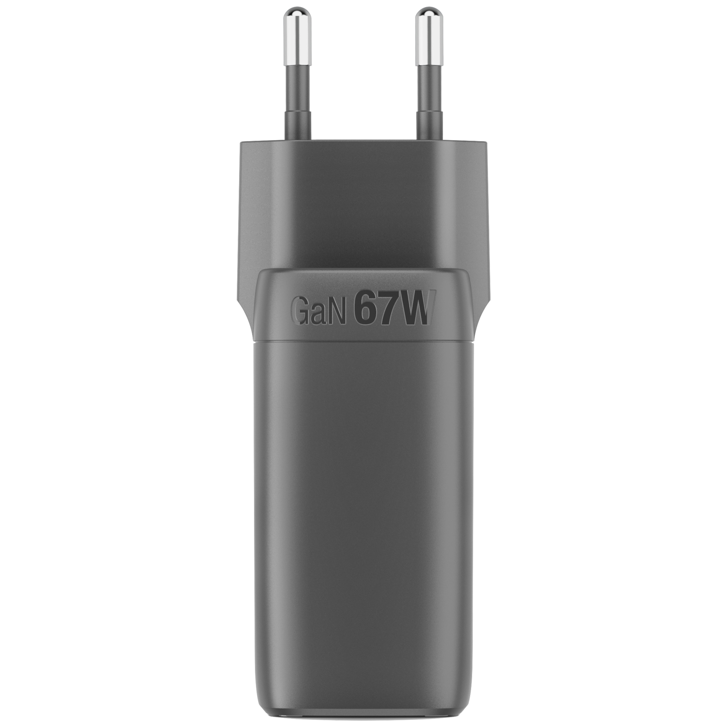 Prise chargeur GaN grise 67W avec deux broches métalliques.