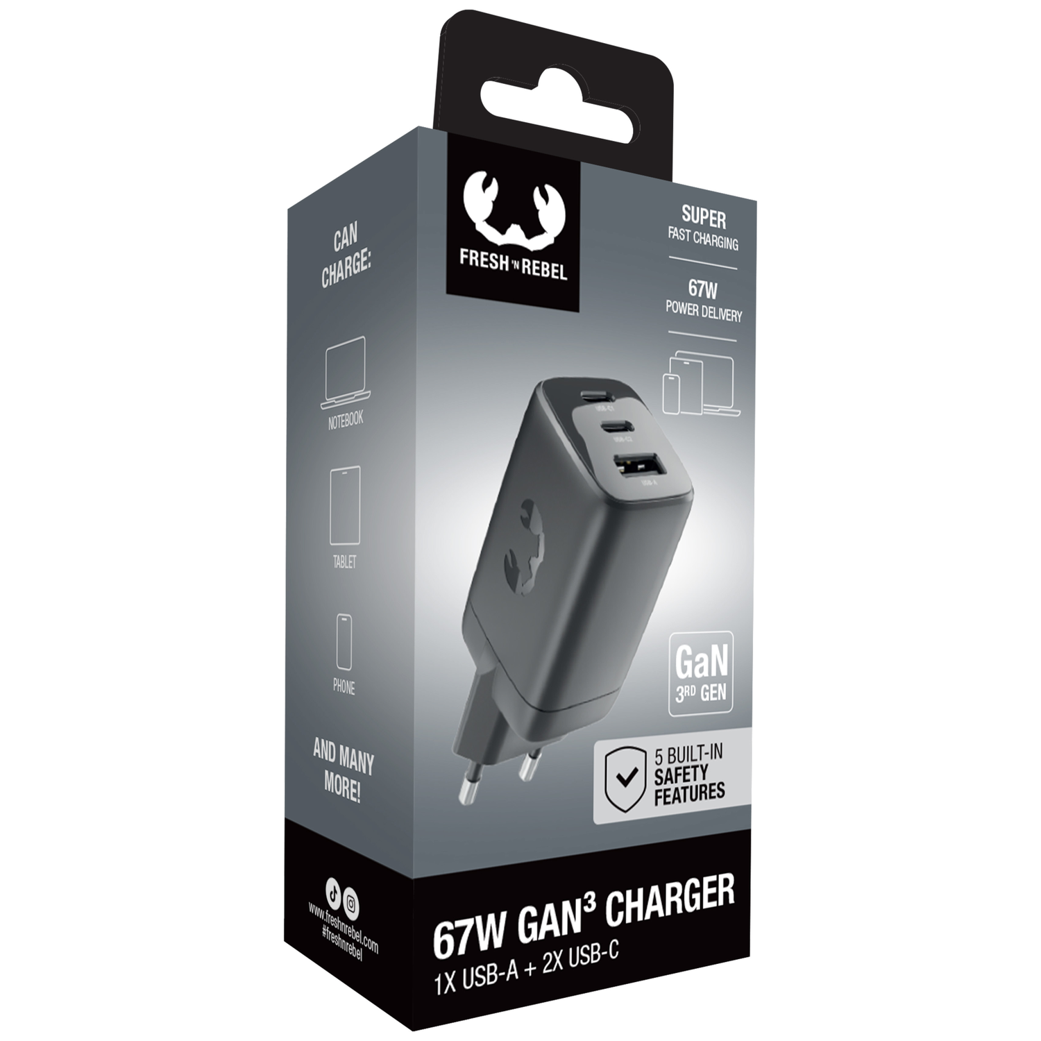 Emballage d'un chargeur noir GaN³ 67W avec 1x USB-A et 2x USB-C.