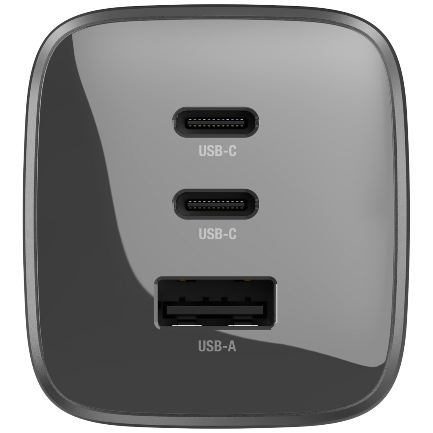 Gray USB charger with two USB-C and one USB-A port.