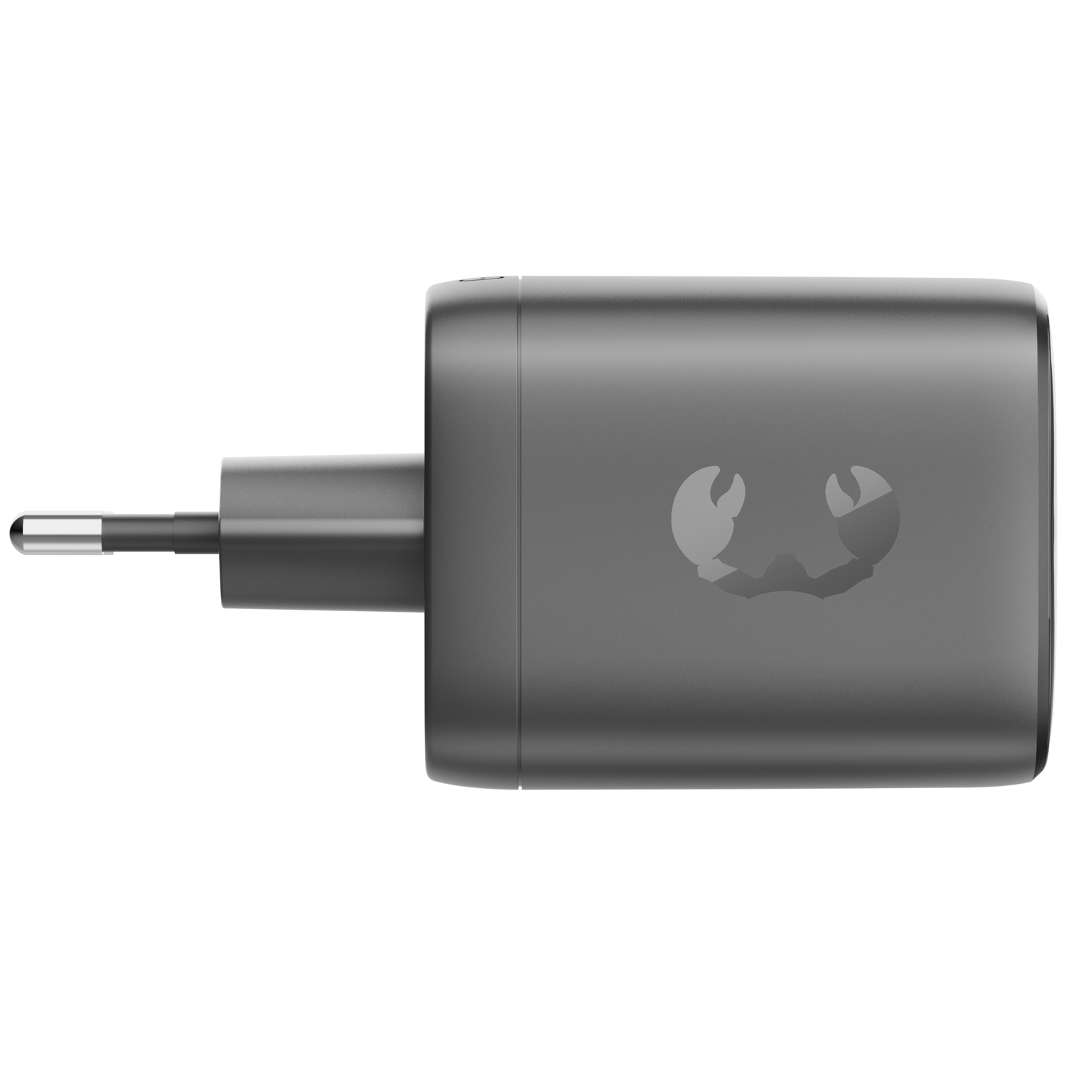 A gray power adapter plug with a stylized crab logo.