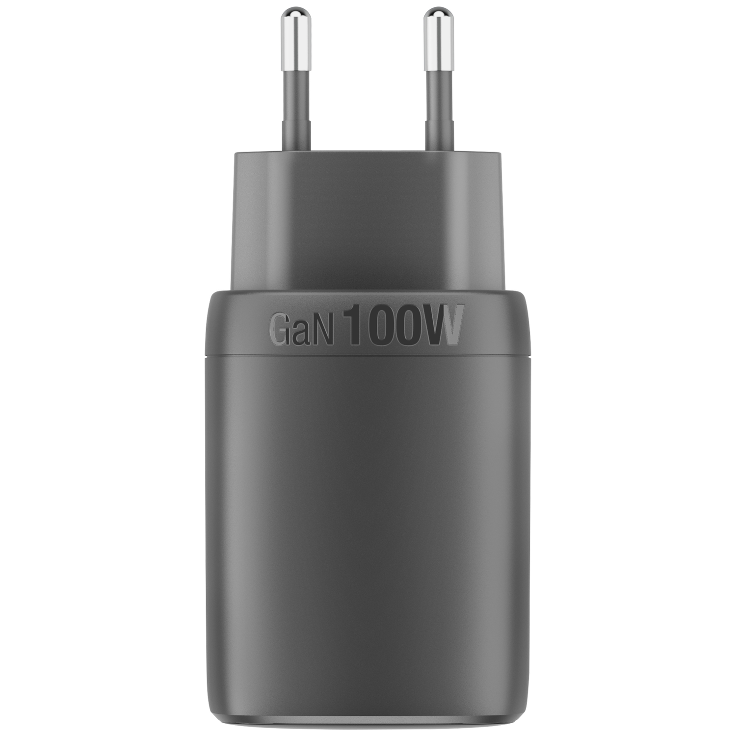 A gray 100W GaN charger plug with two silver prongs.