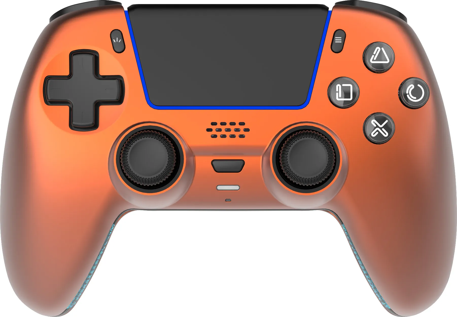 Ein orangefarbener Videospiel-Controller mit schwarzem Steuerkreuz, schwarzen Joysticks und weißen Aktionstasten auf weißem Hintergrund.