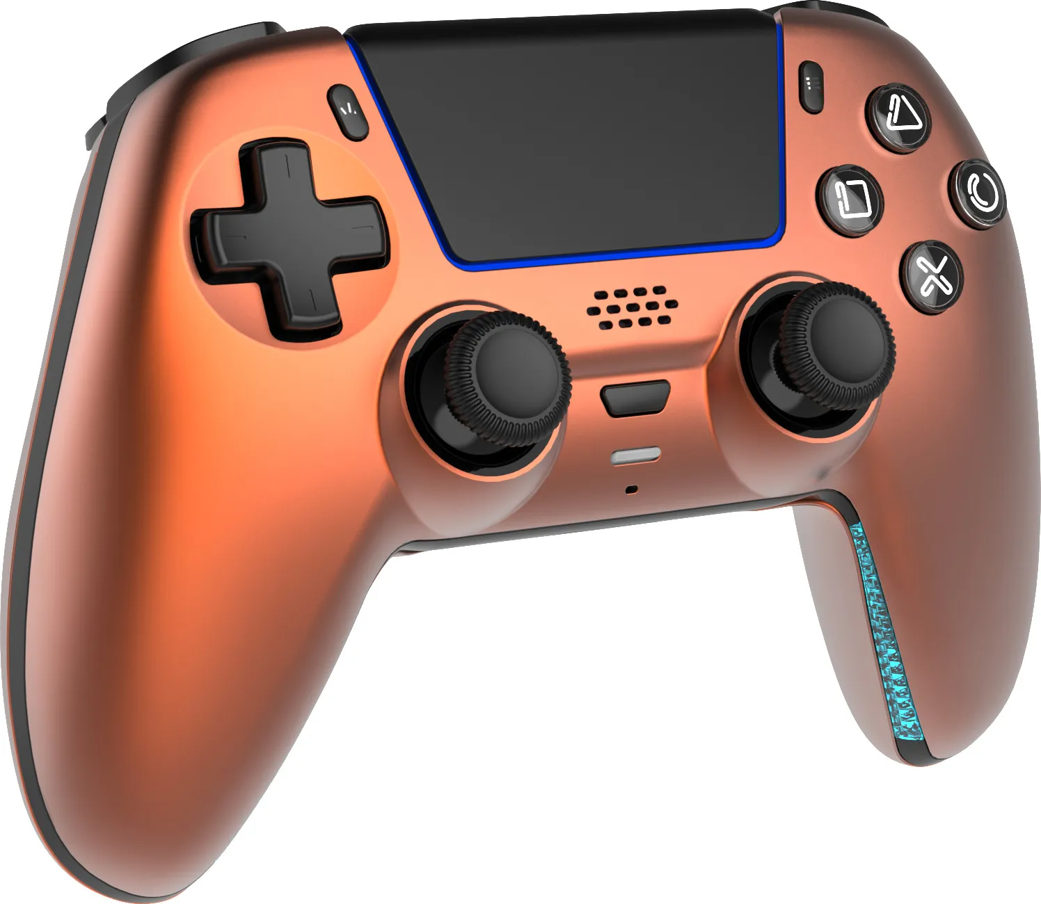 Ein kupferfarbener Controller mit schwarzen Tasten und blauem Licht.