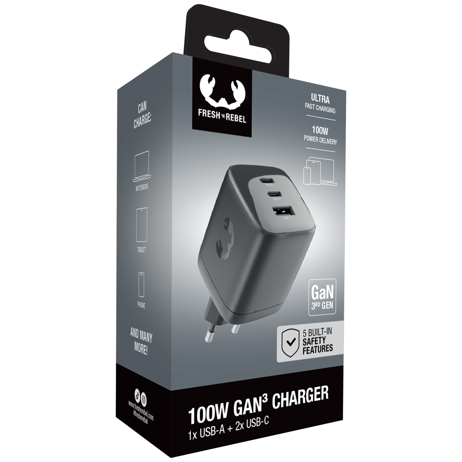 Packaging for a black 100W GaN charger with 3 ports.