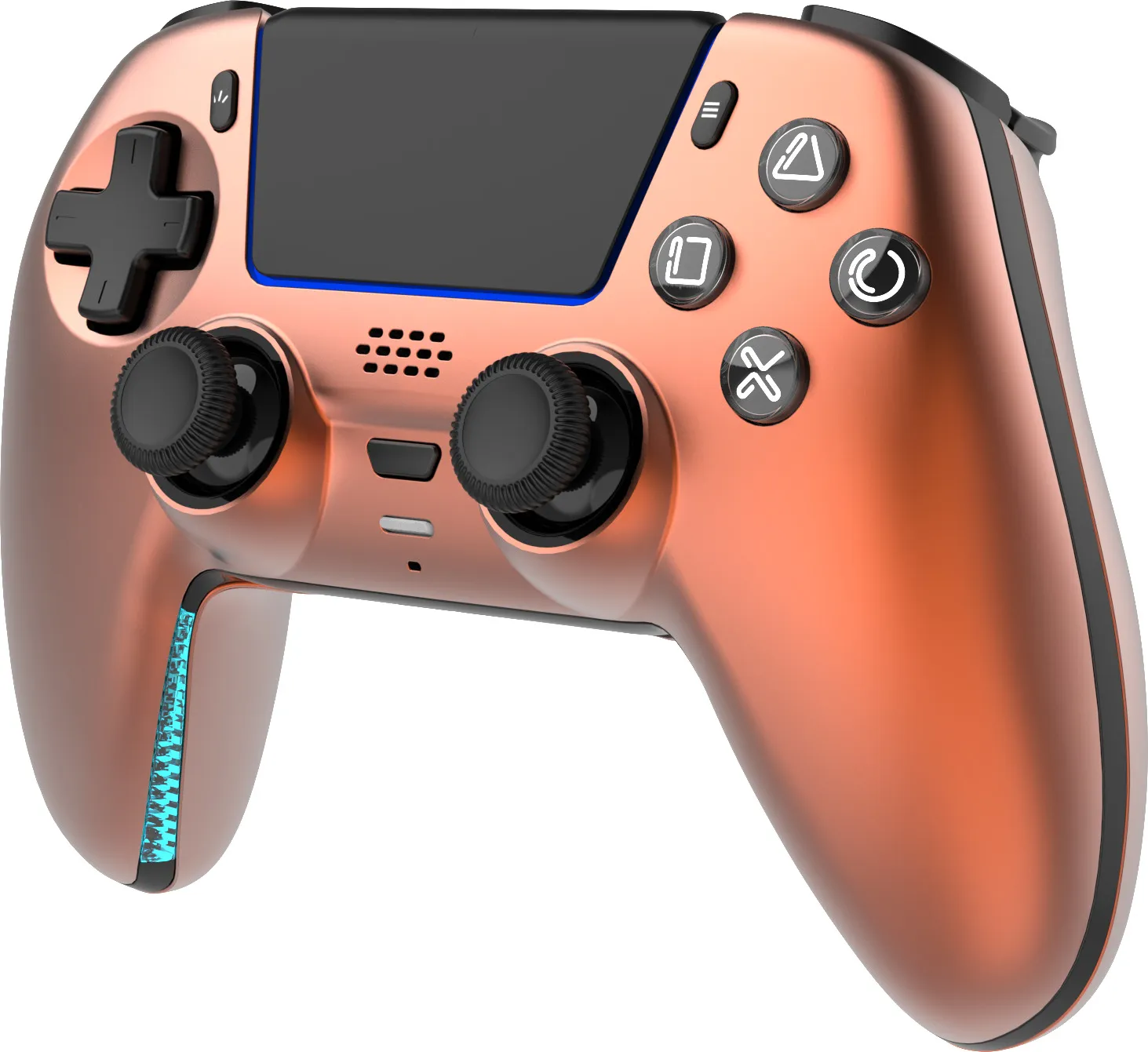 Ein kupferfarbener Controller mit schwarzen Knöpfen und blauen Akzenten.