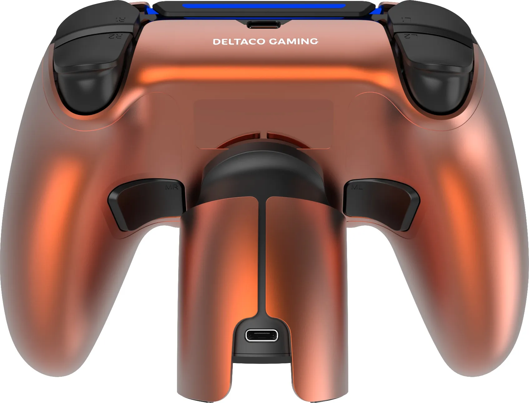 Ein roségoldener DELTACO GAMING Controller mit schwarzen Knöpfen und blauen Akzenten auf weißem Hintergrund, von hinten gesehen.