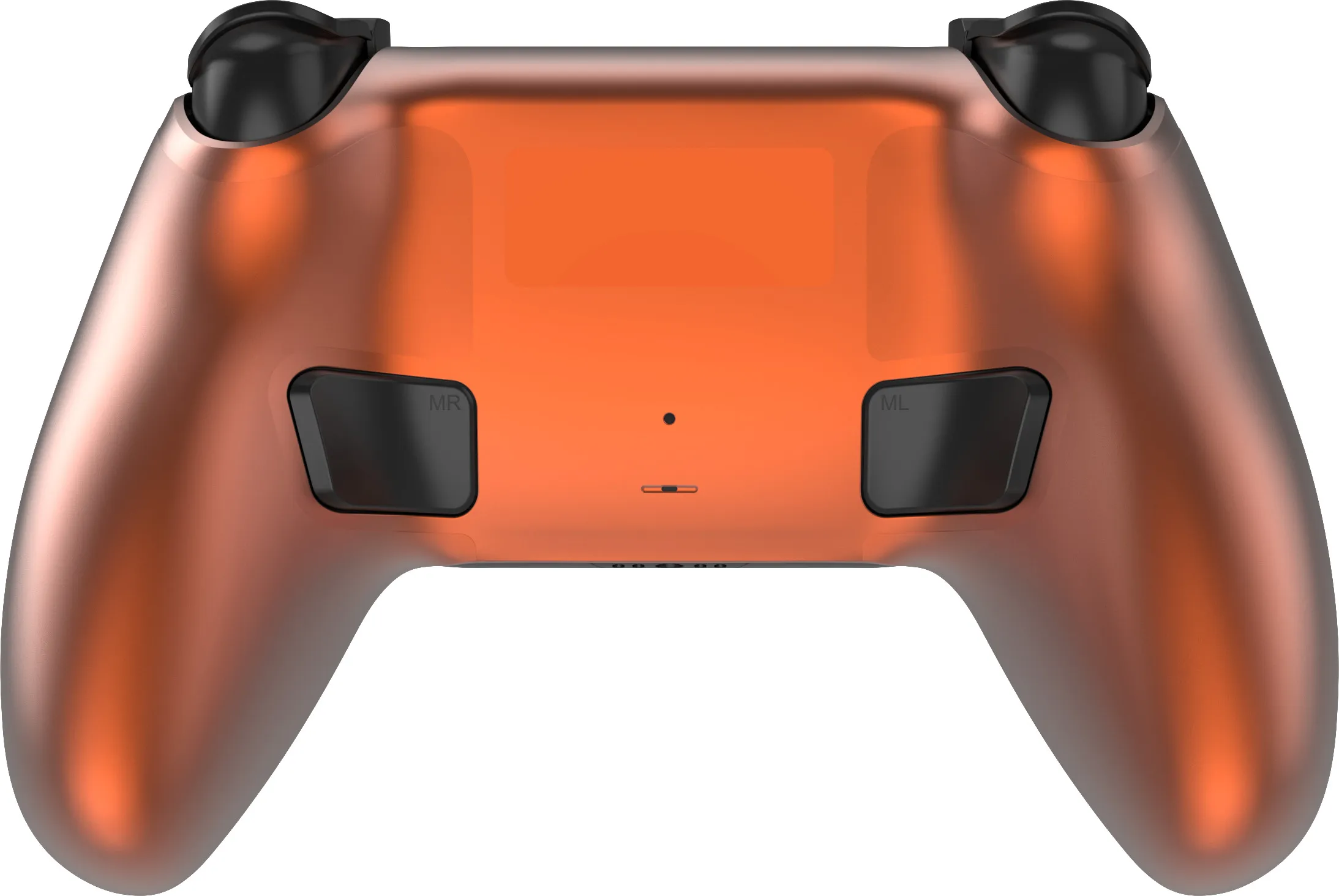 Ein glänzender orangefarbener Controller mit schwarzen Knöpfen und Joysticks.