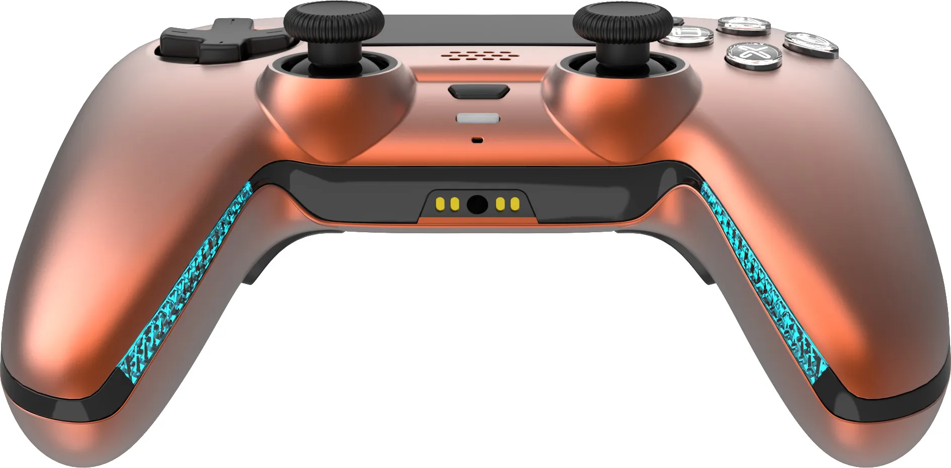 Ein bronzefarbener Controller mit blauen Akzenten und schwarzen Joysticks.
