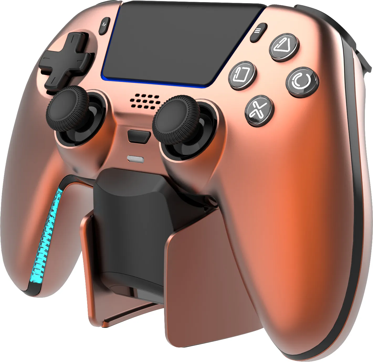 Ein bronzefarbener Controller mit schwarzen Tasten und blauem Licht.