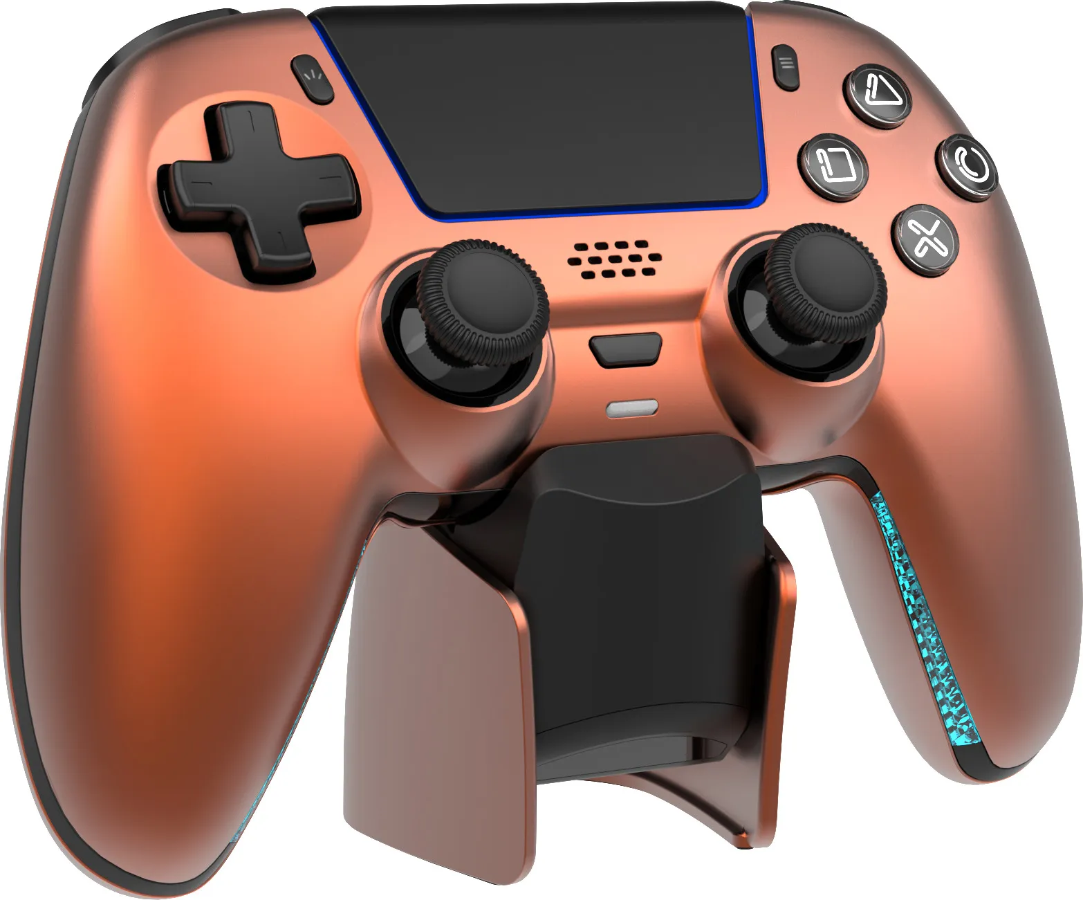 Ein bronzener Controller mit schwarzen Knöpfen und blauen Lichterdetails.