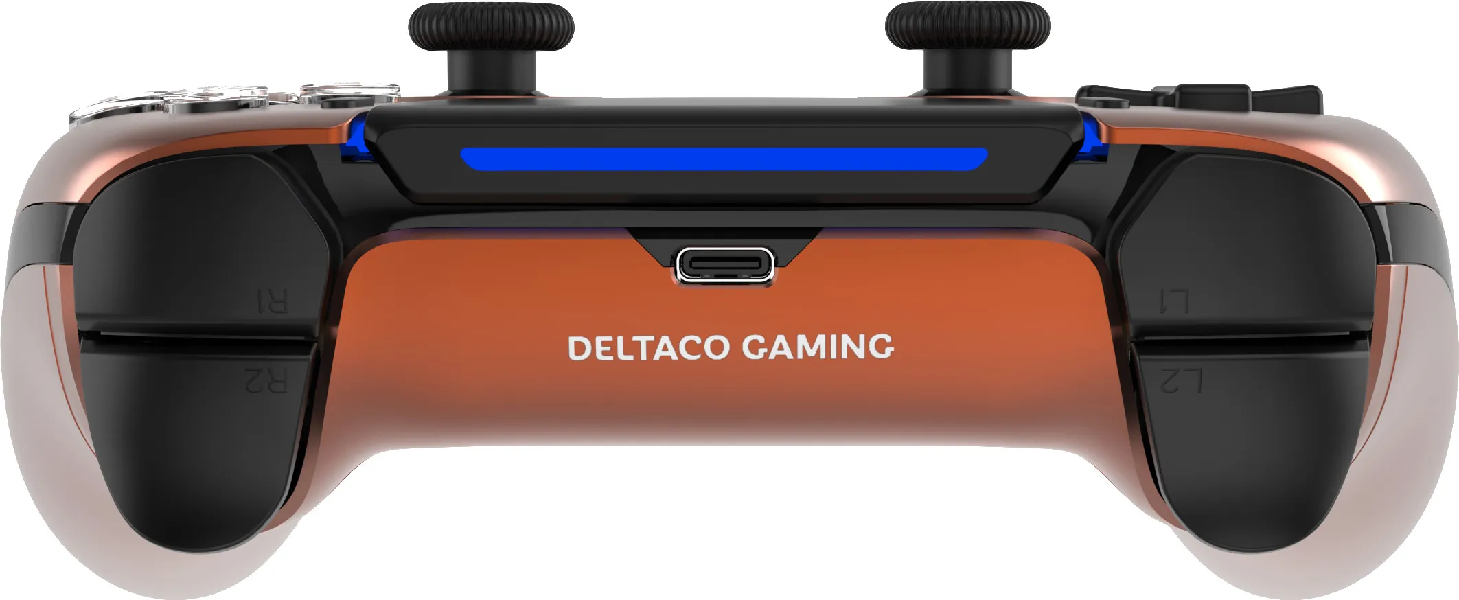 Ein kupferfarbener Gaming-Controller mit schwarzen Griffen und blauer Leiste.