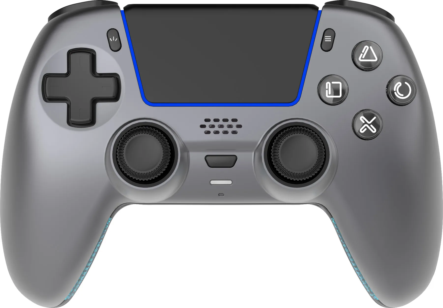 Grauer Controller mit schwarzen Knöpfen, Analogsticks und blauem Akzentlicht.