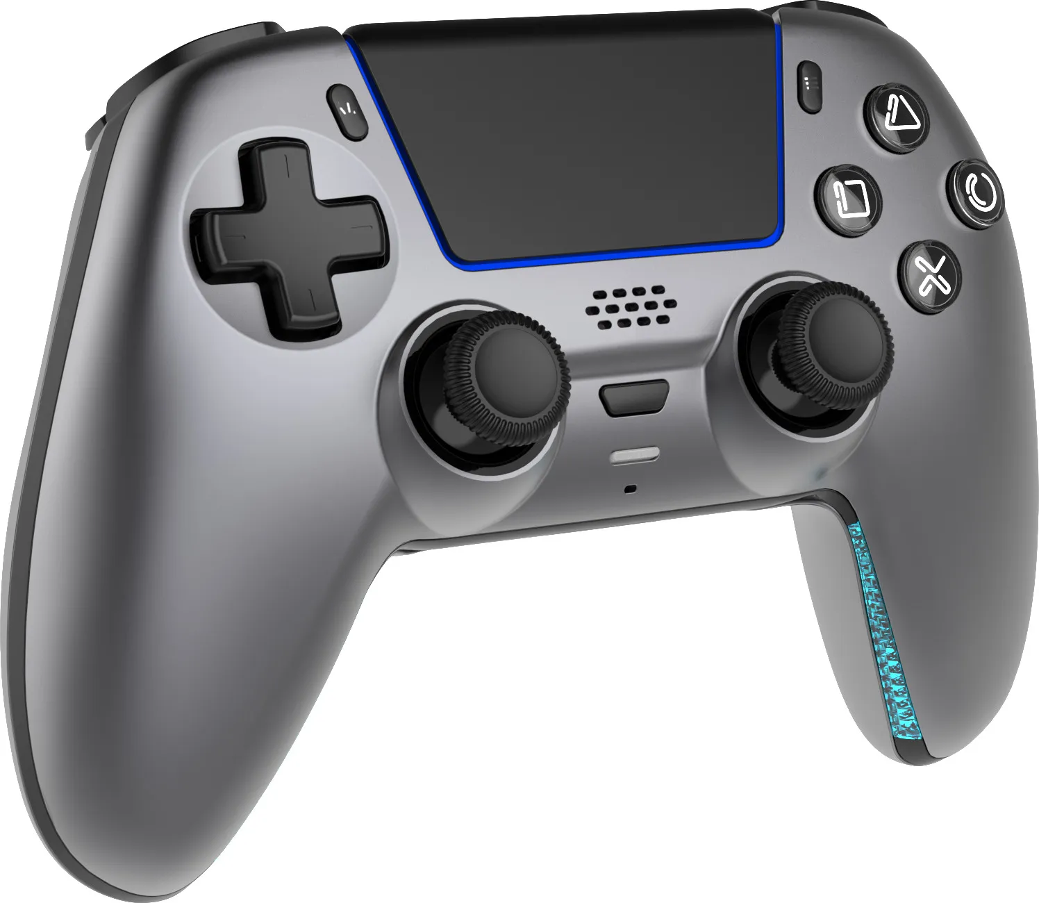 Grauer Controller mit schwarzem Steuerkreuz, Knöpfen und Joysticks.