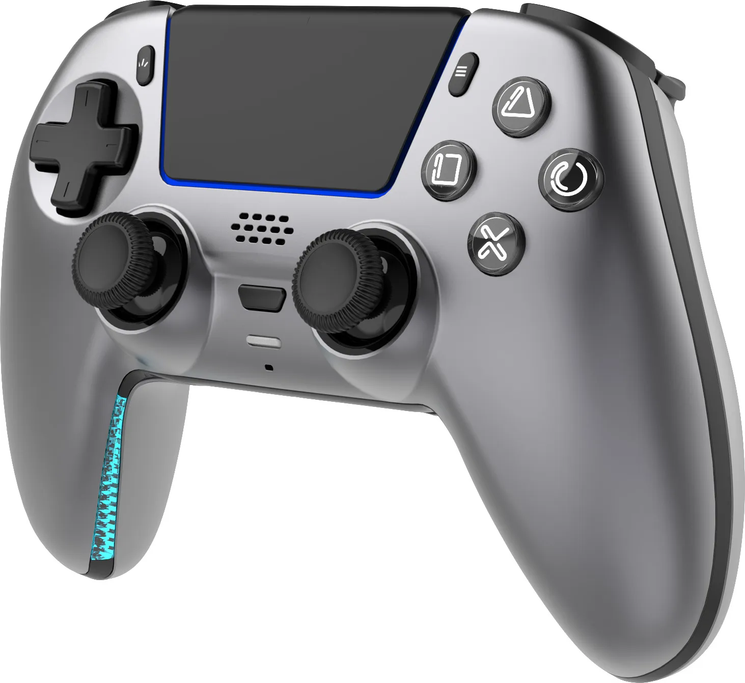 Silberner Controller mit schwarzen Sticks und Knöpfen, blauer Beleuchtung.