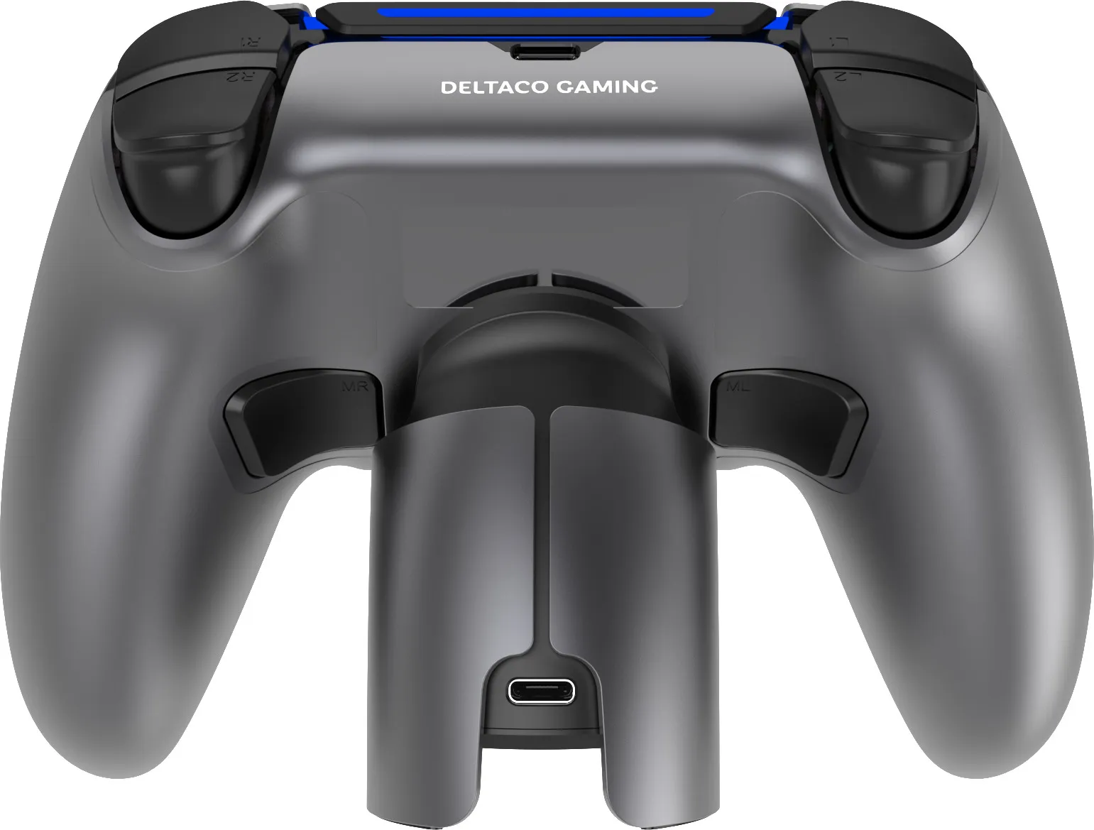 Grauer Gaming-Controller mit blauen Akzenten und USB-C-Anschluss. Deltaco Gaming.