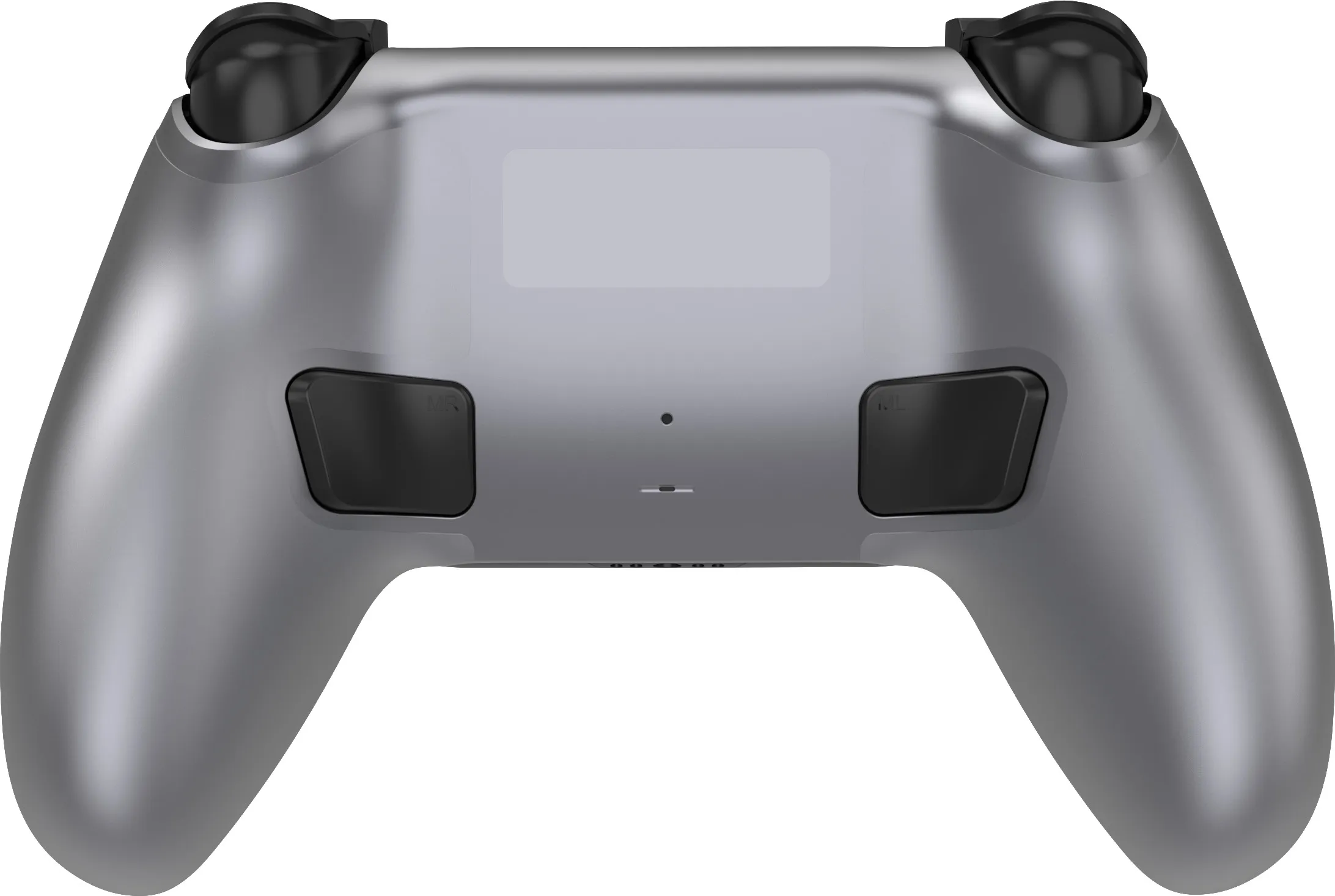 Rückseite eines silbernen Controllers mit schwarzen Tasten und Joysticks.