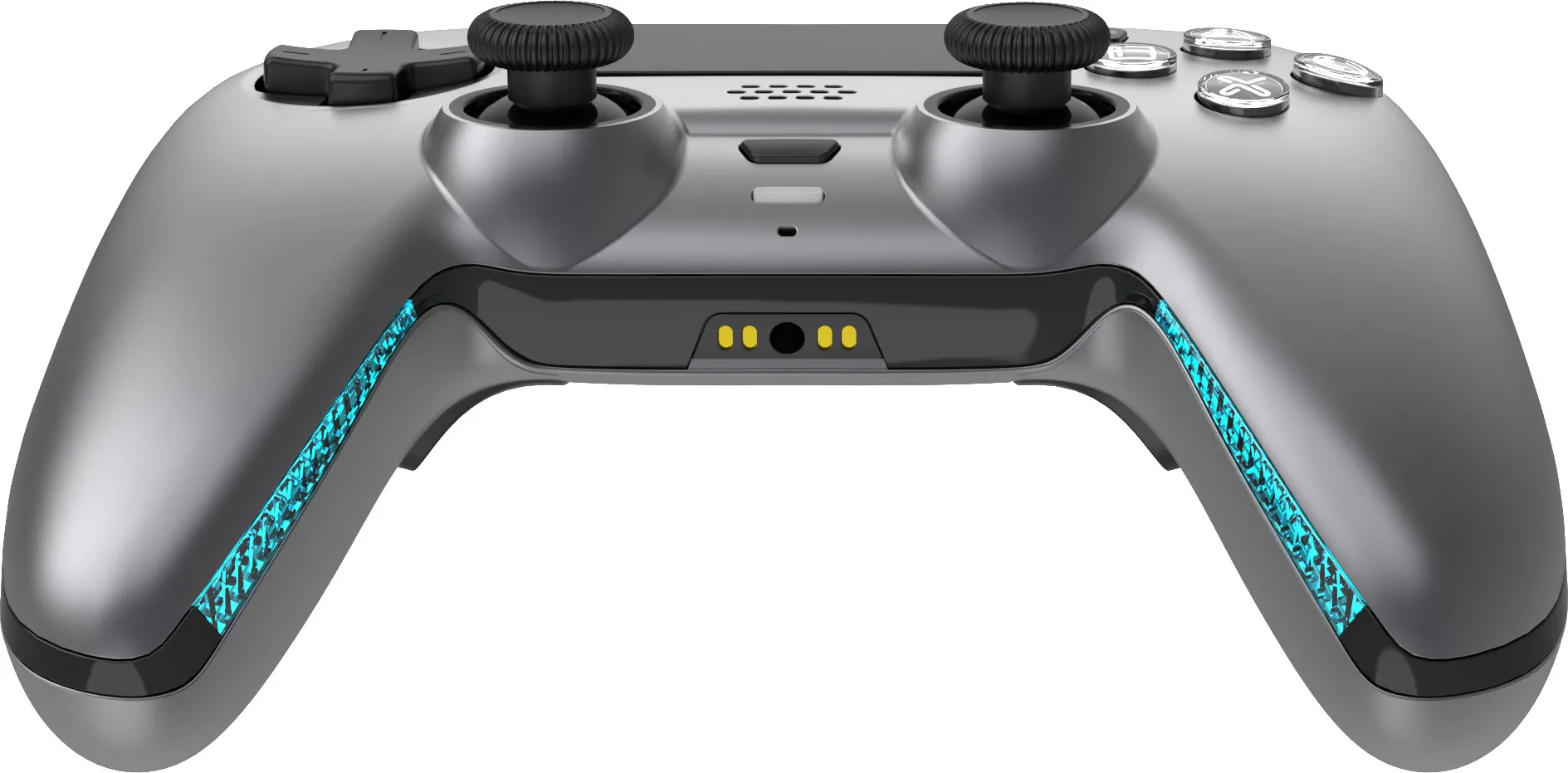 Ein grauer Gamecontroller mit schwarzen Joysticks und Knöpfen, sowie blauen LED-Akzenten.