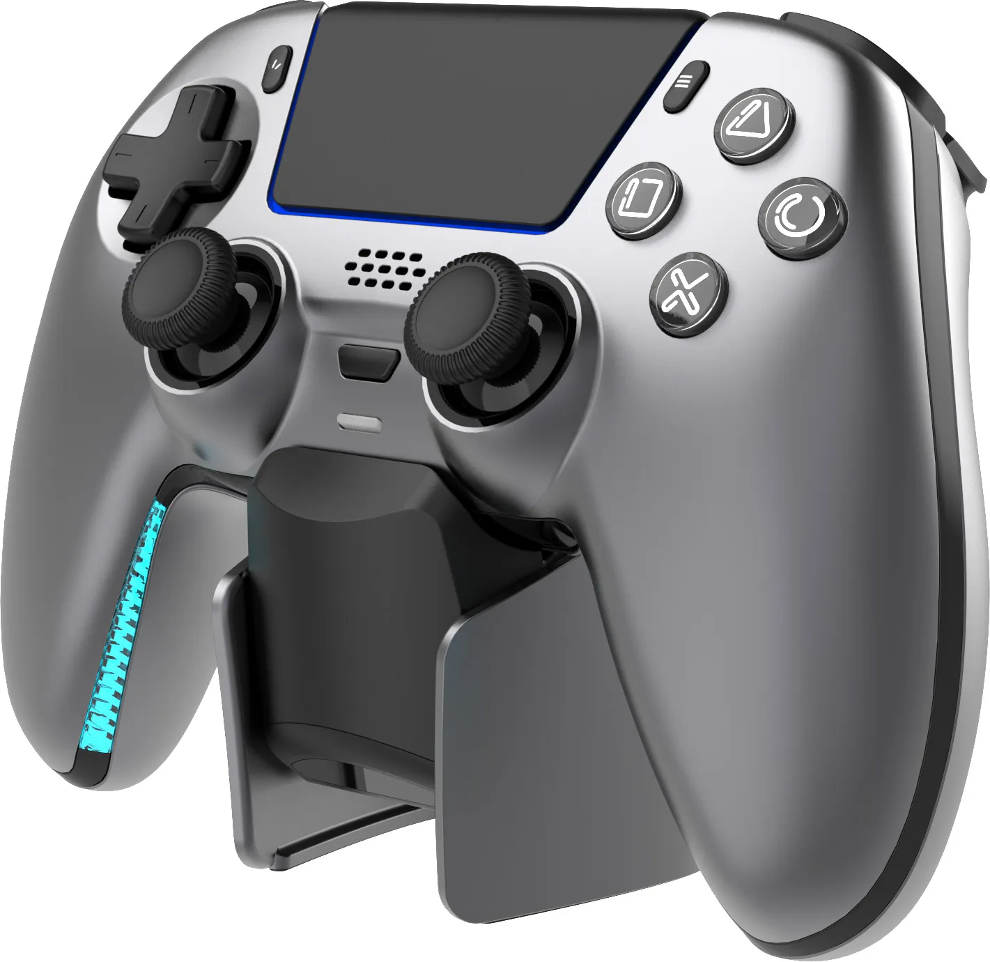 Silberner Controller mit blauen Lichtern auf einem Ständer.