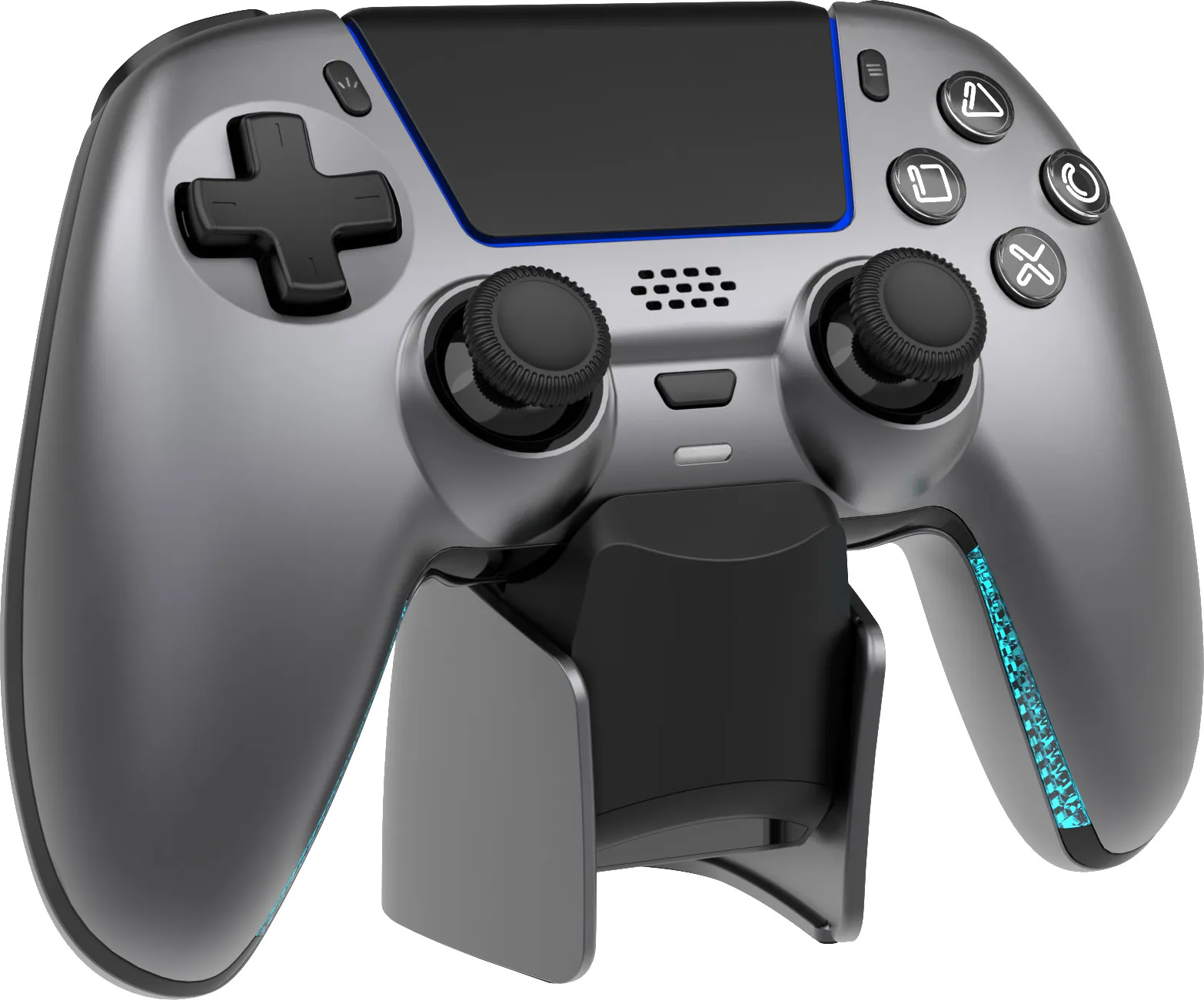 Grauer Gaming-Controller auf Ladestation mit blauen Akzenten.