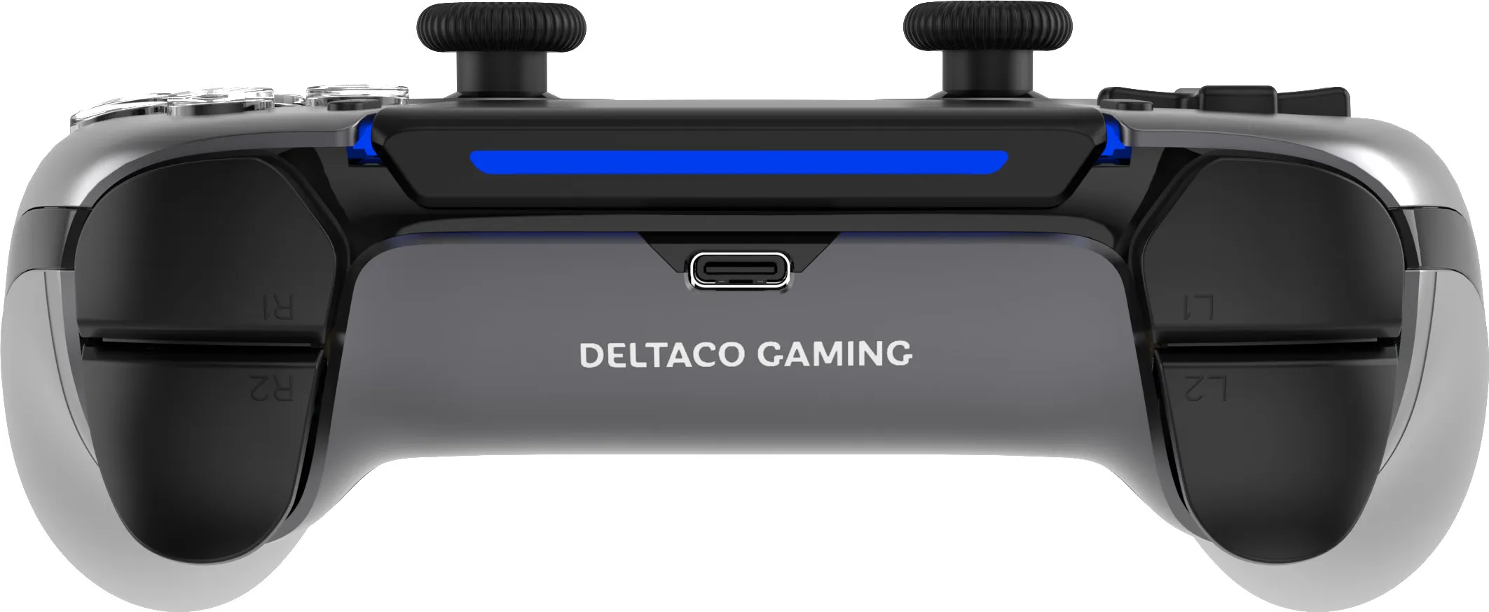 Schwarzer Gaming-Controller mit blauen Akzenten und USB-C-Anschluss.