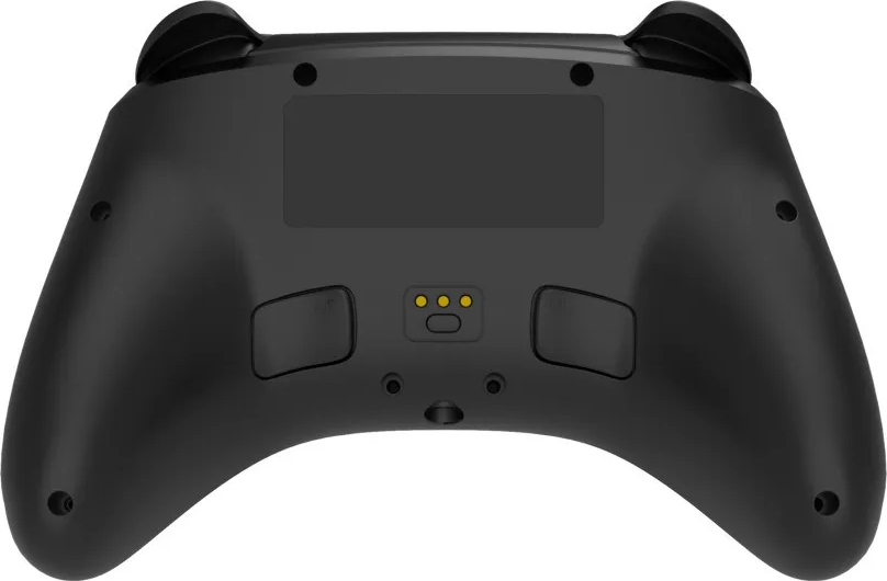 Retro di un controller nero con spie di ricarica gialle.