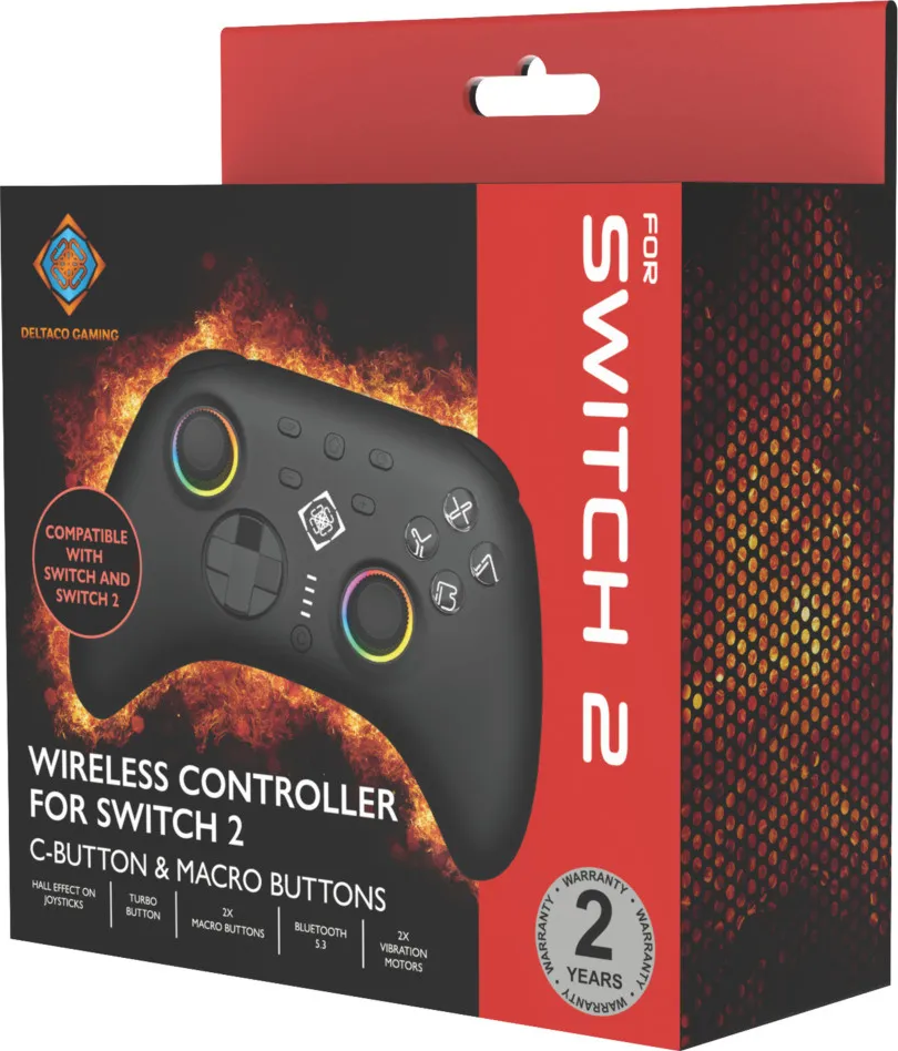 Controller wireless nero per Switch 2 con accenti arcobaleno, su sfondo infuocato.