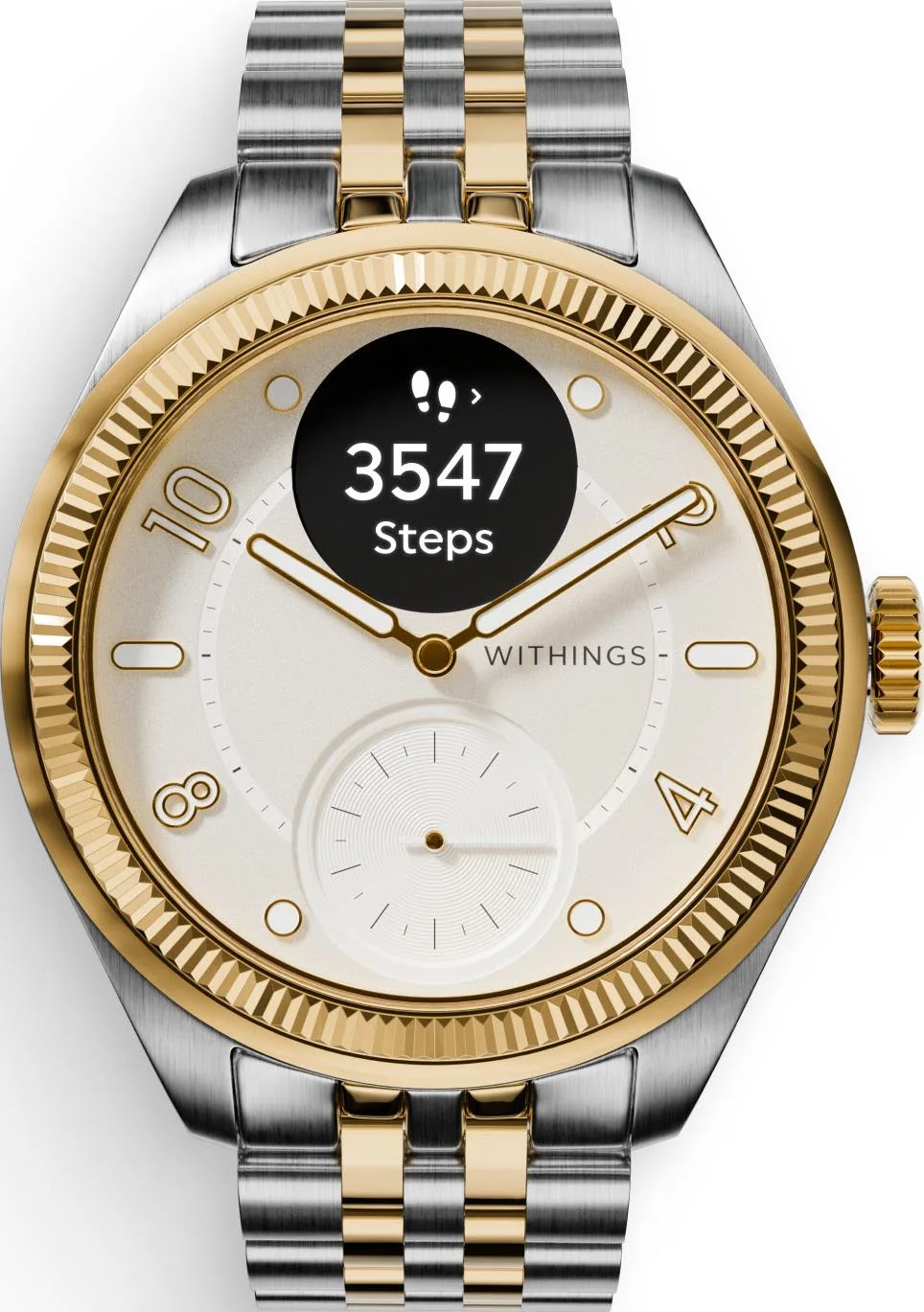 Silberne und goldene Smartwatch mit digitaler Schrittanzeige auf dem Zifferblatt.