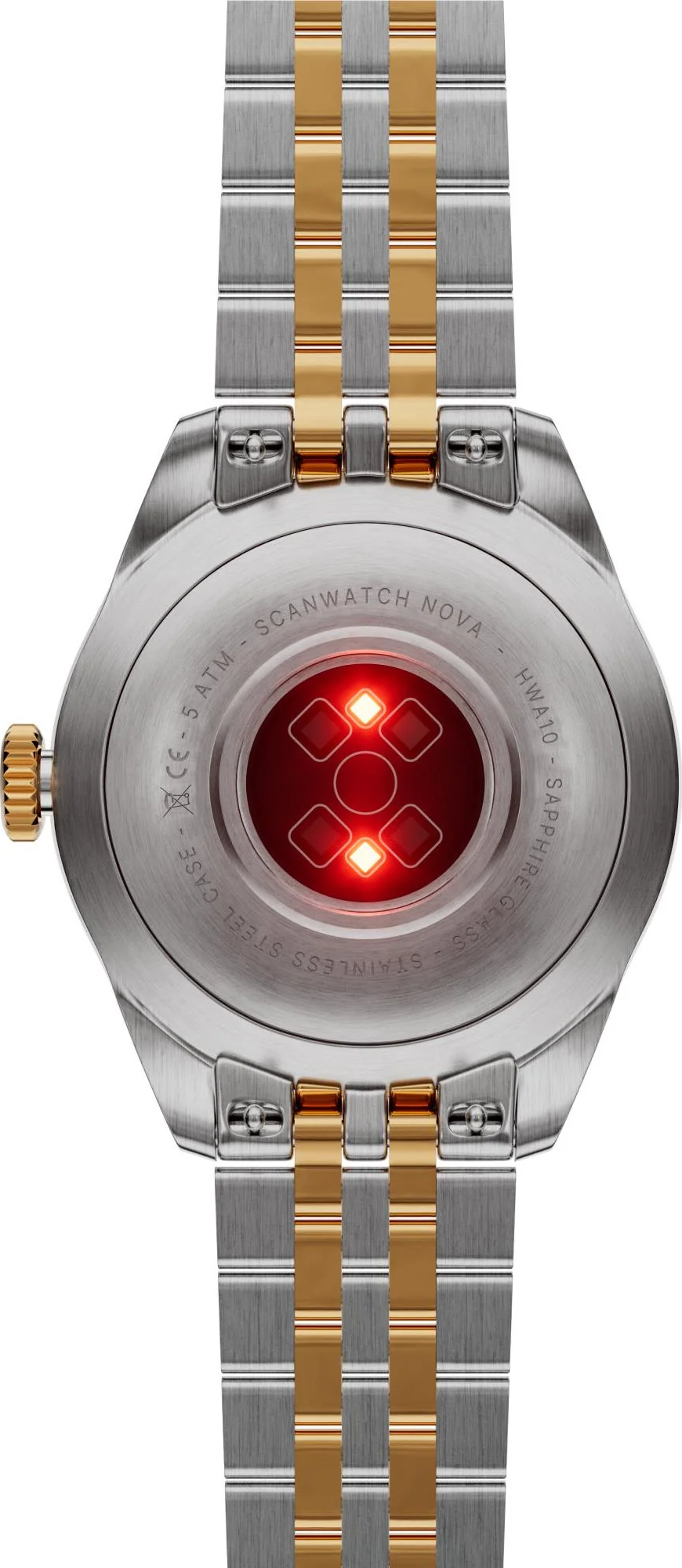 Rückseite einer Smartwatch mit Herzfrequenzsensor und zweifarbigem Armband.