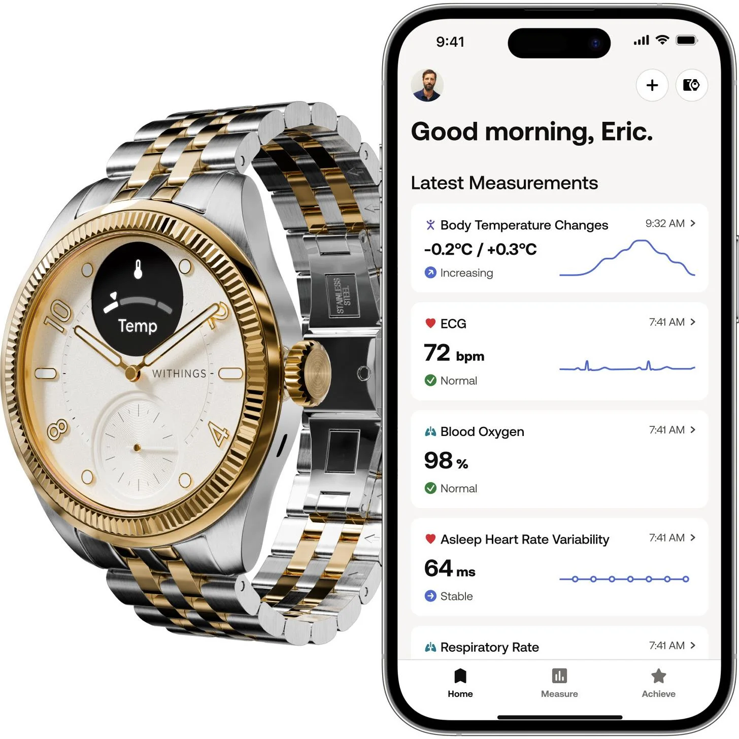 Silber- und goldfarbene Smartwatch neben einem Smartphone mit Gesundheitsdaten.
