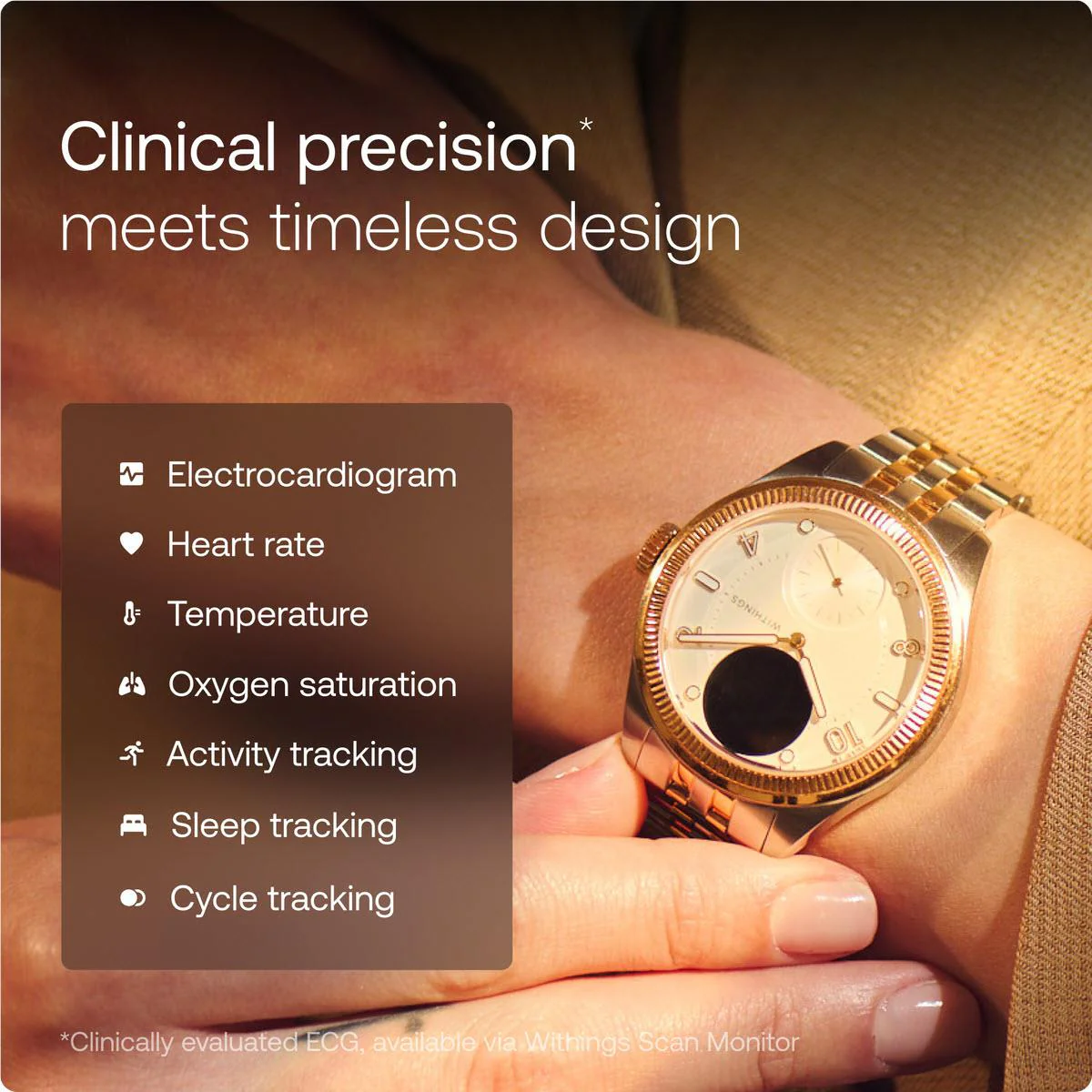 Eine goldene Smartwatch am Handgelenk, mit Gesundheitsfunktionen wie EKG, Herzfrequenz und Schlaftracking.