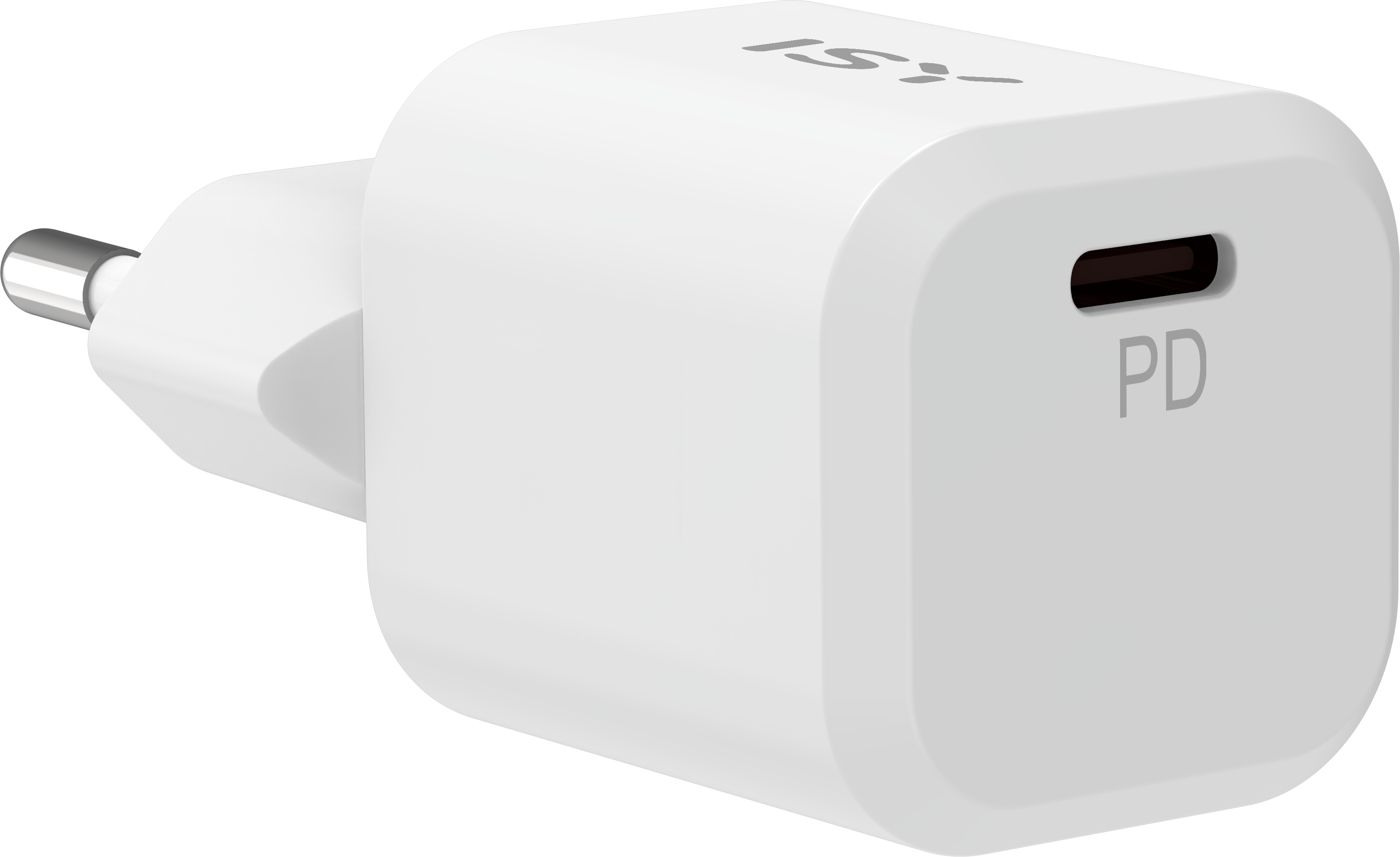 Ein weißer USB-C PD Ladeadapter mit poliertem Stecker und dunklem Anschluss.