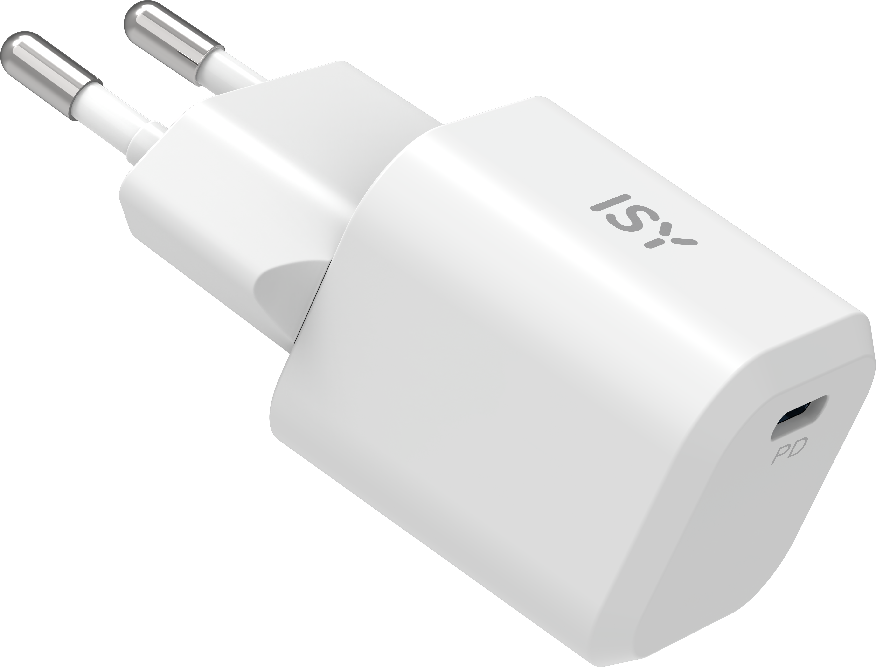 Ein weißer ISY-Netzstecker mit USB-C PD-Anschluss und zwei Metallstiften.