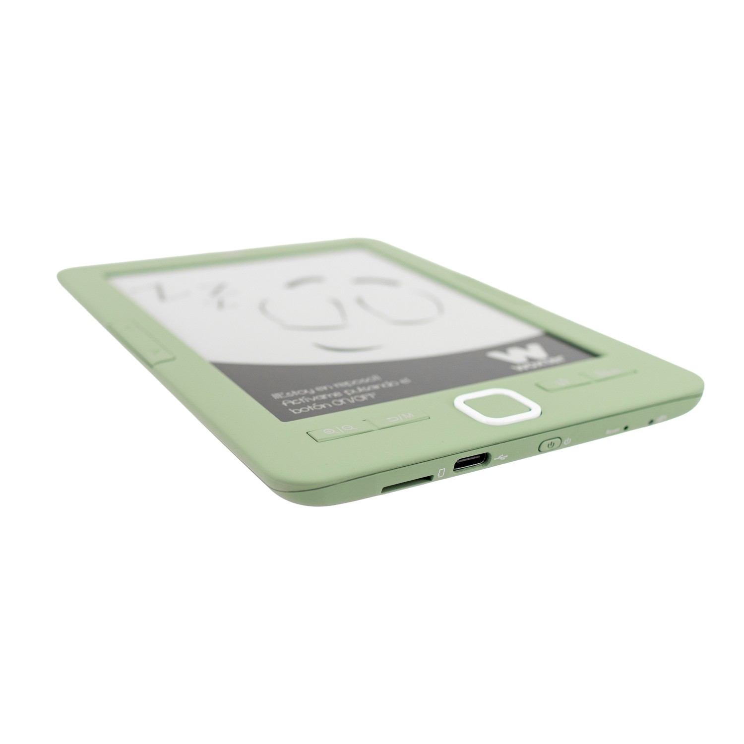 Lector de libros electrónicos verde con puerto USB y botón de encendido.