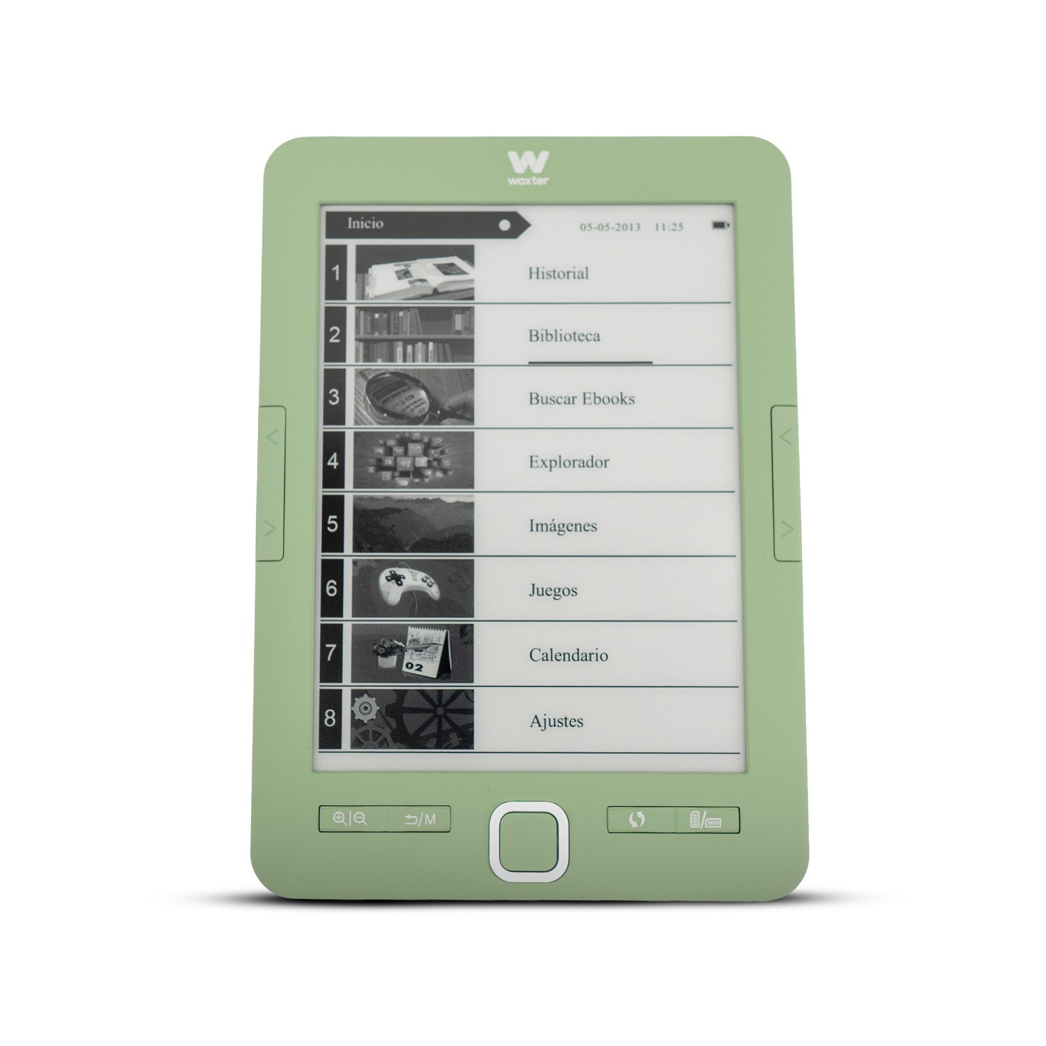 Un e-reader verde claro mostrando un menú con libros, juegos y ajustes.