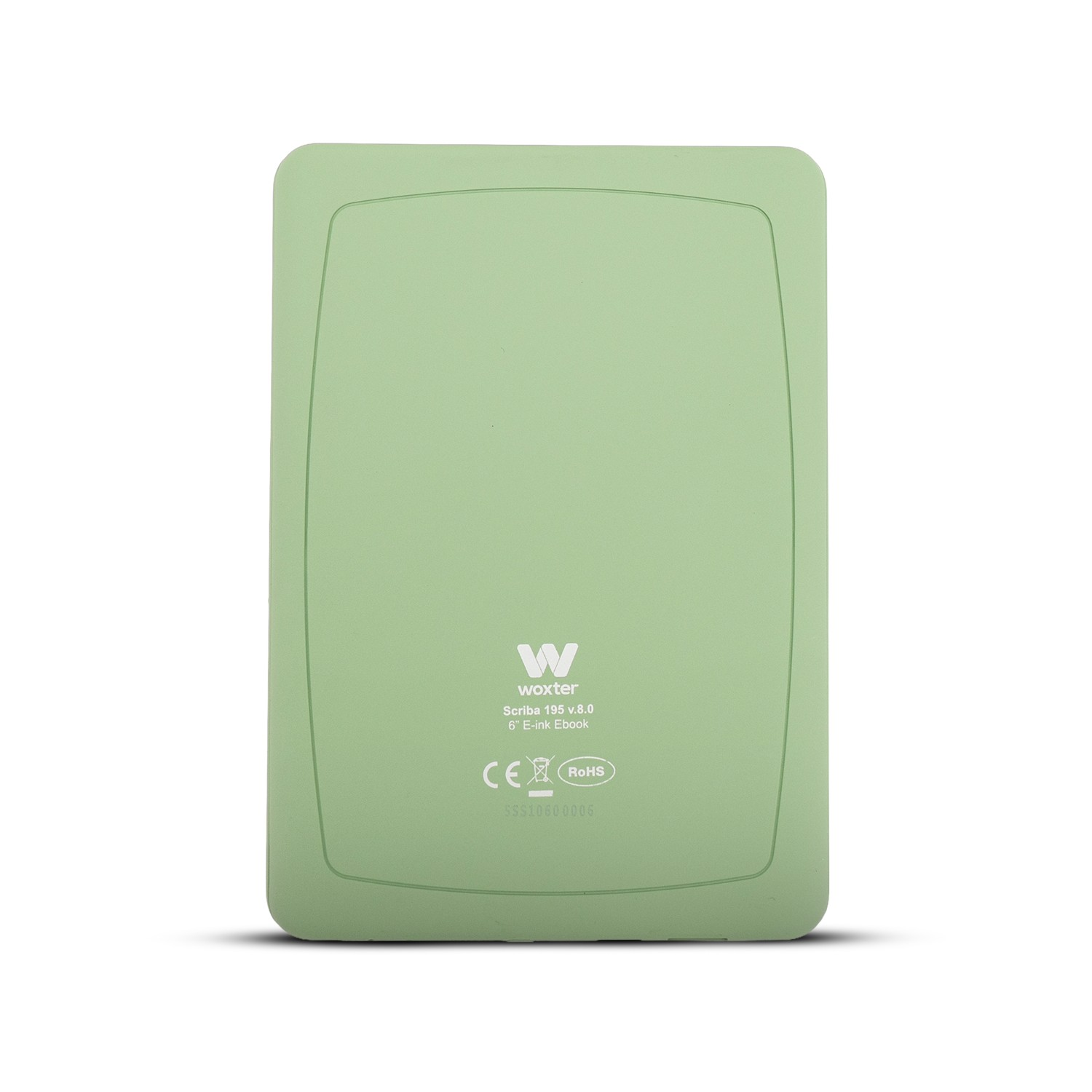 Parte trasera de un e-reader verde claro con logo y texto de Woxtr.