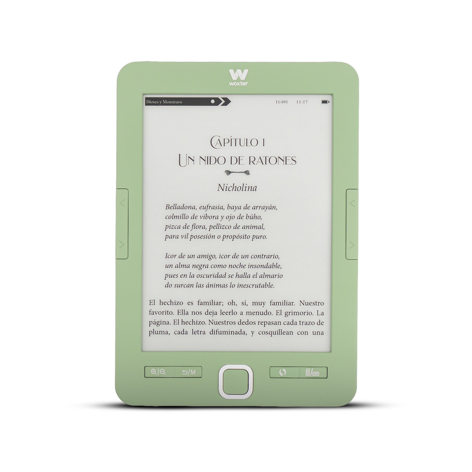 Un e-reader verde claro mostrando un libro en español. La página muestra título de capítulo.