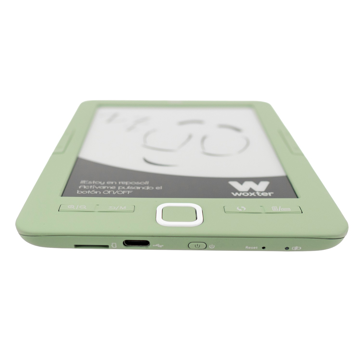 Un lector de libros electrónicos verde claro con botón blanco frontal.