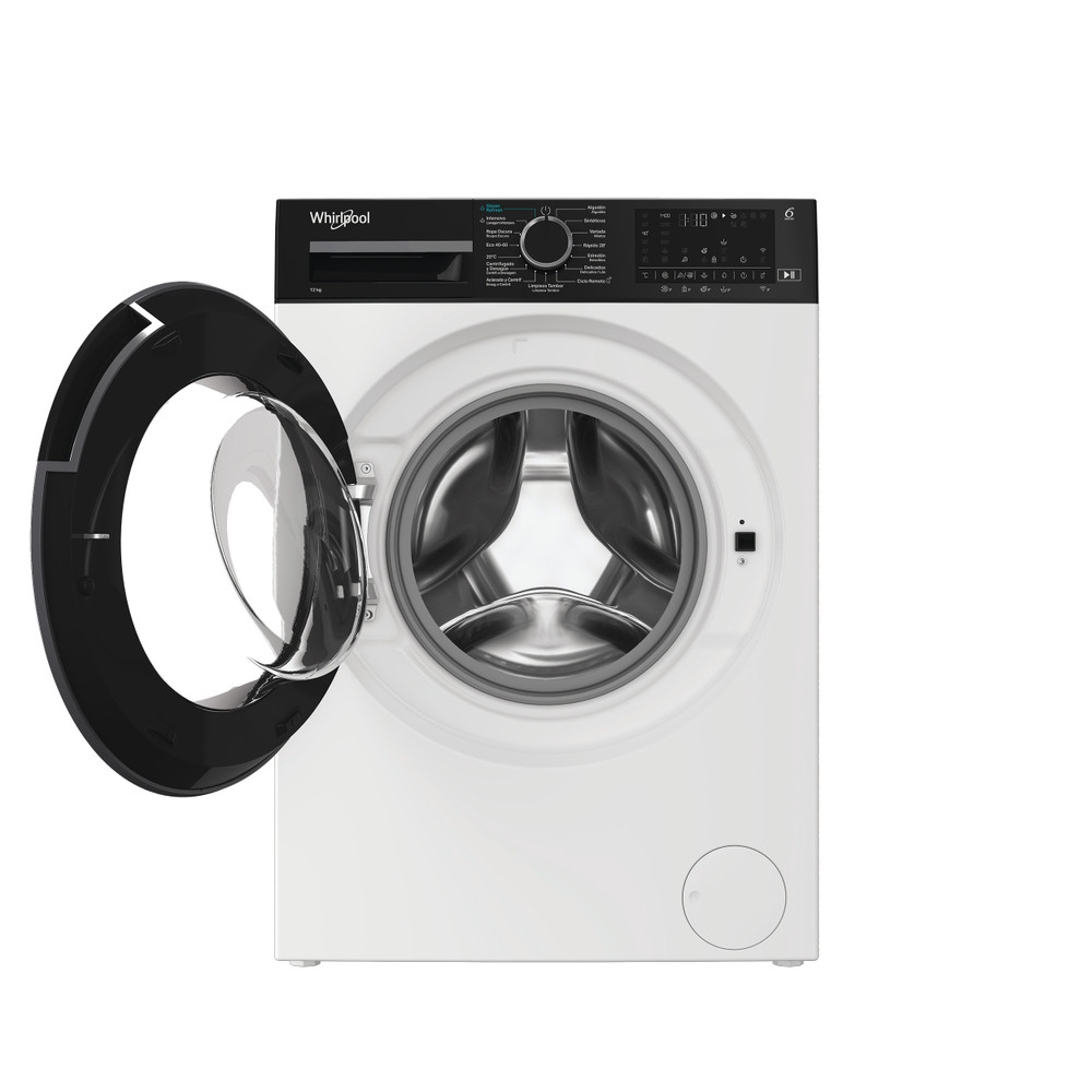 Lavadora blanca Whirlpool con puerta negra abierta y tambor plateado.