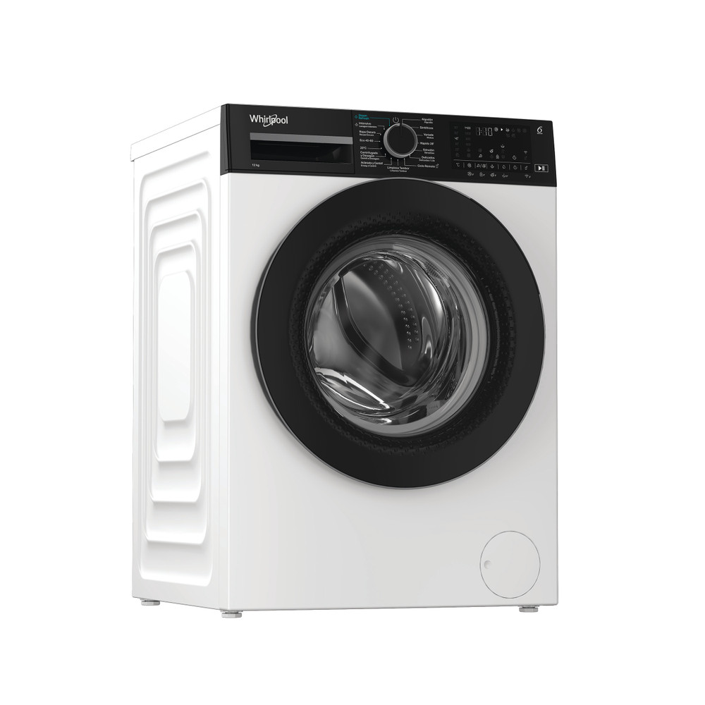 Una lavadora Whirlpool blanca con puerta y panel de control negros.